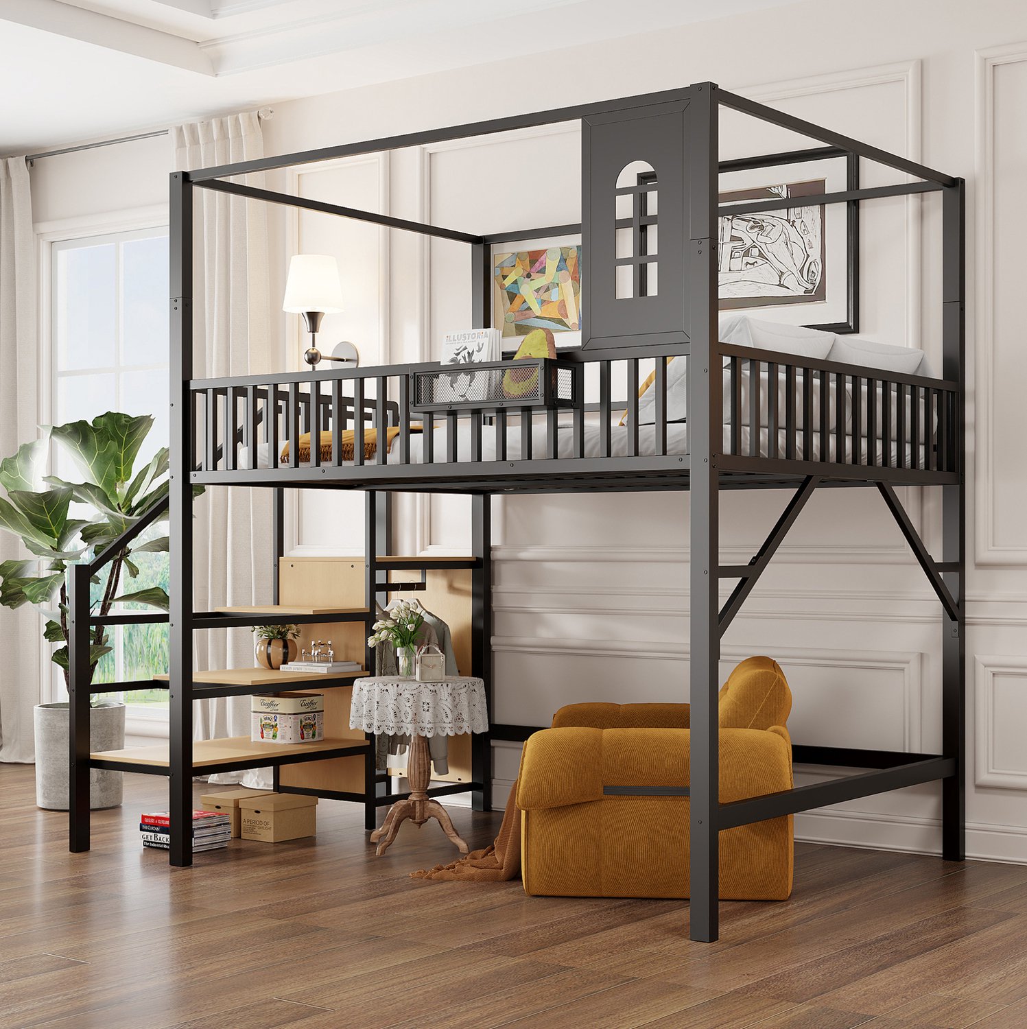 Wishdor Hoogslaper 140x200 cm - Opbergladder en dakvormig frame - Kledingstang, opbergbox en 15 latten - Modern voor slaapkamer en studeerhoek - Metaal en MDF - Zwart