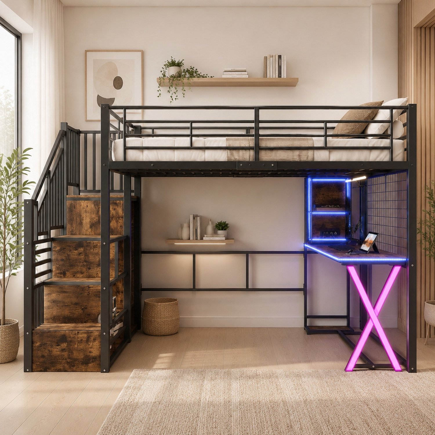 WUVRIE Hoogslaper 140x200 cm - Met bureau, opbergladder, kledingkast en verlichting - Zwart