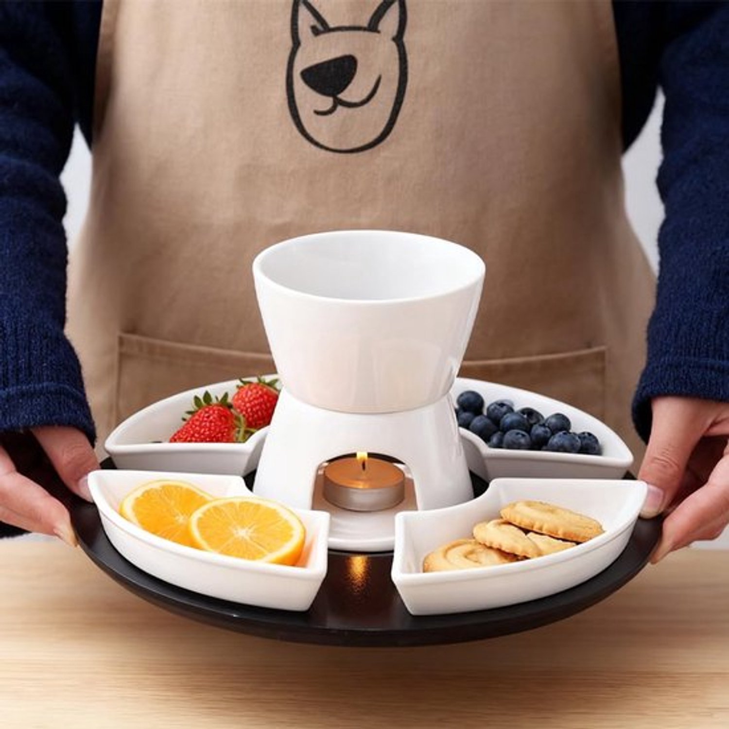 Chocoladefondueset, keramische mini-chocoladefondue, kaasfondue, set met 4 keramische borden en 4 vorken en 1 dienblad, chocoladefondue, verwarmd met een theelicht voor snoep, boter en kaas – foto 4