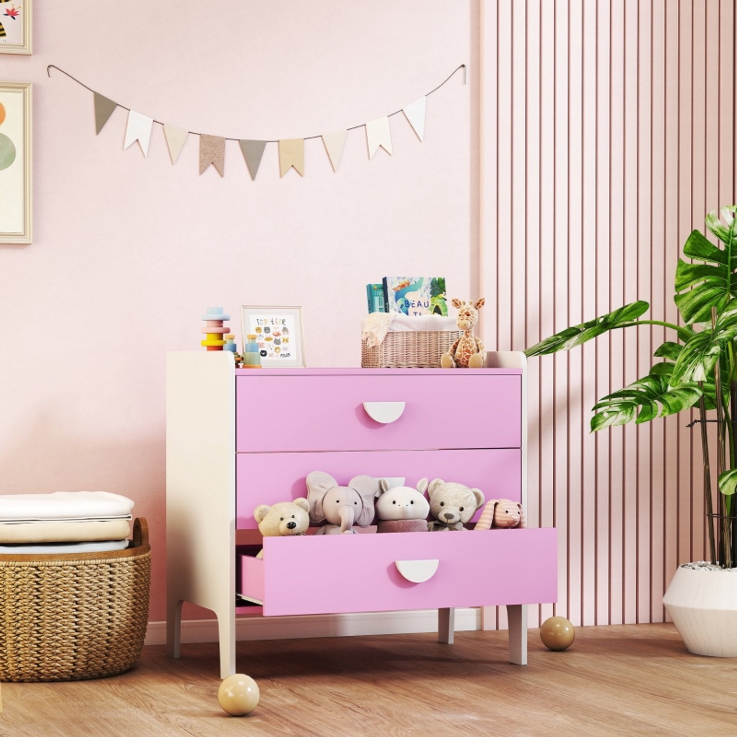 CHICFURN Ladekast 60 cm - 3 lades - Voor de kinderkamer - Roze en wit