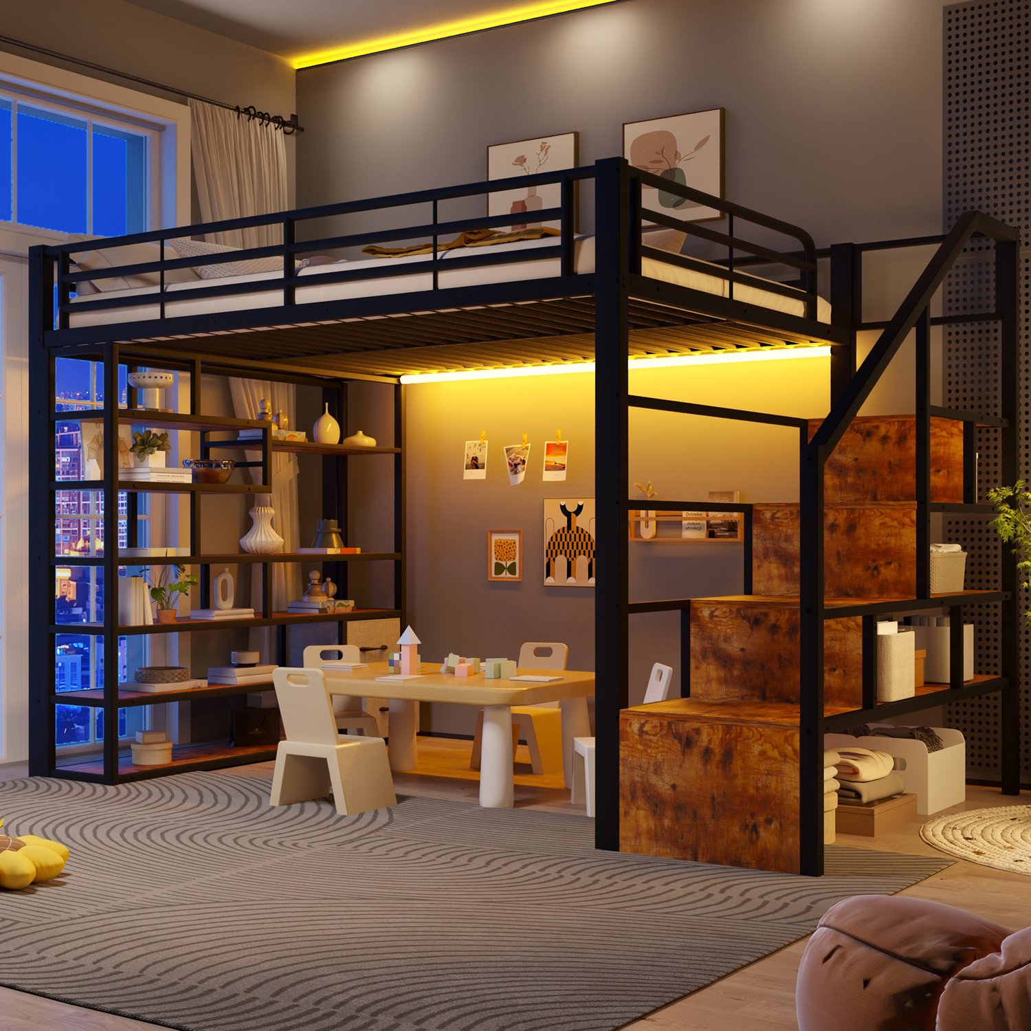 OKWISH Hoogslaper 140x200 cm - Met Trap en Uitvalbeveiliging - Met Opbergruimte en Ledverlichting - Voor Kinderen - Metaal en MDF - Zonder Matras - Zwart