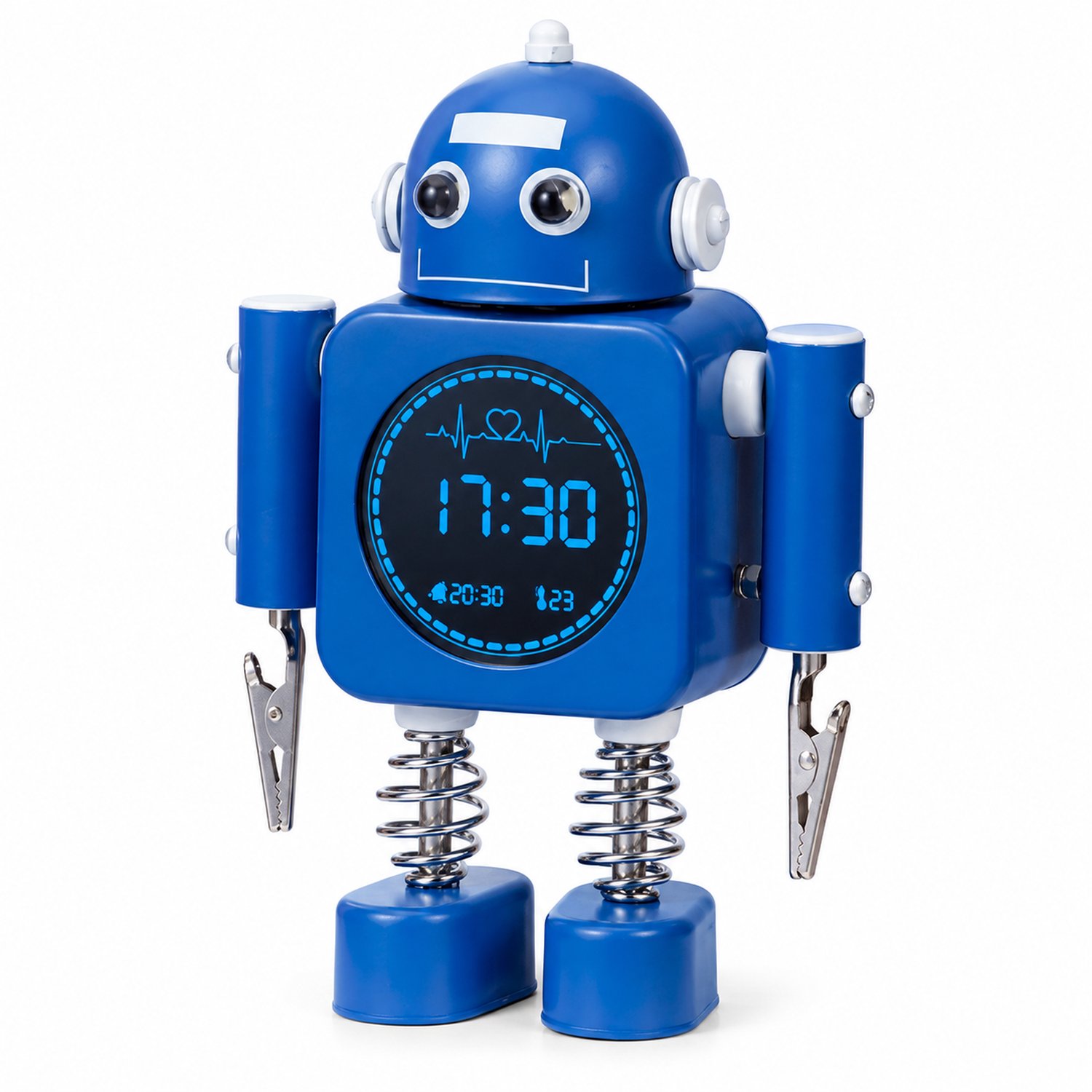 wekker - Digitaal LED-display met temperatuurfunctie en 24-uursweergave - Robotvorm, metalen behuizing en batterijvoeding - Donkerblauw