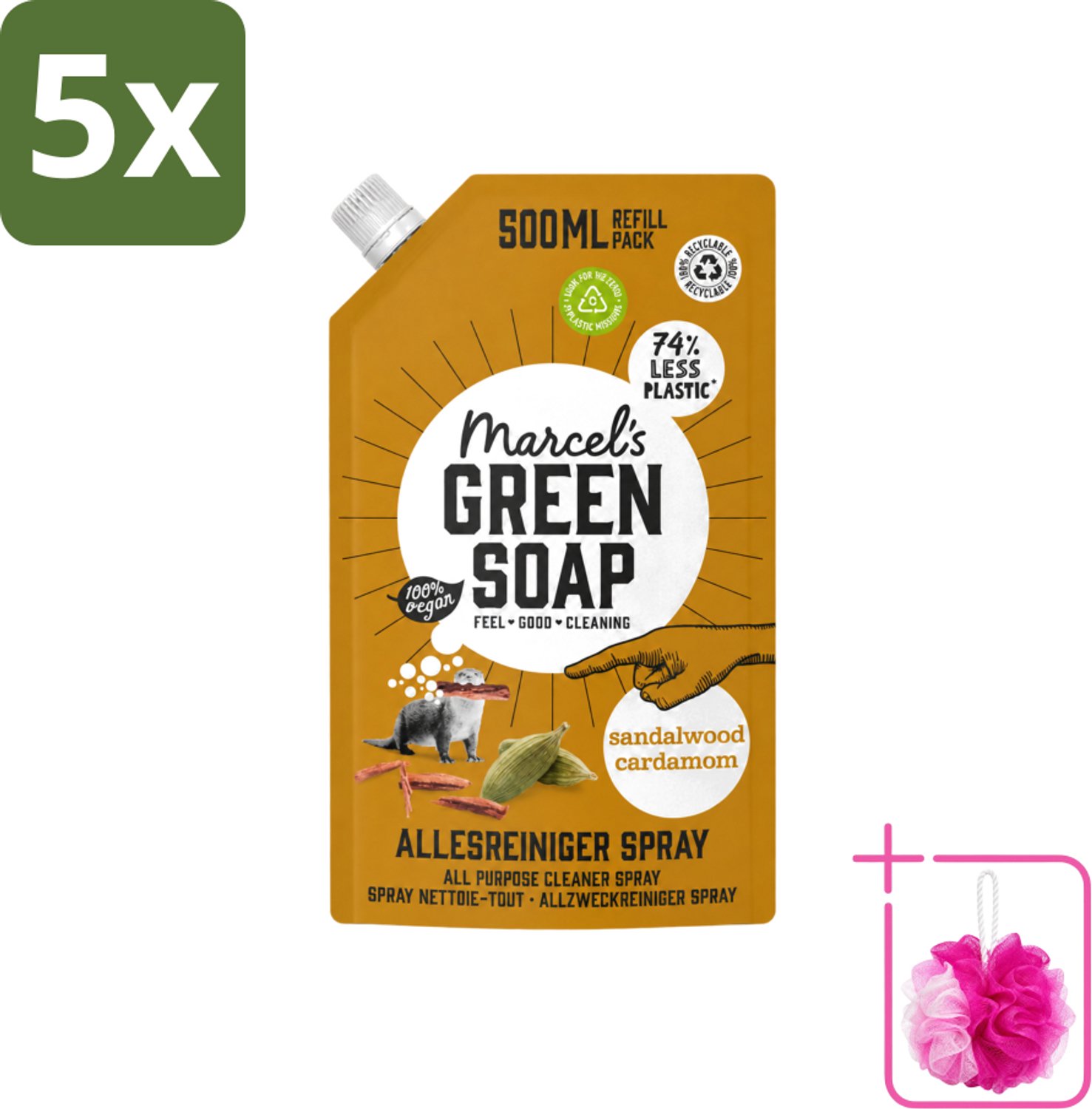 5 x Marcel's Green Soap - Allesreiniger Spray - Navulling - Sandelhout & Kardemon - Frisse reiniging - 500 ml - Bulkverpakking - Allesreiniger spray - Douchemop - Natuurlijke reiniger