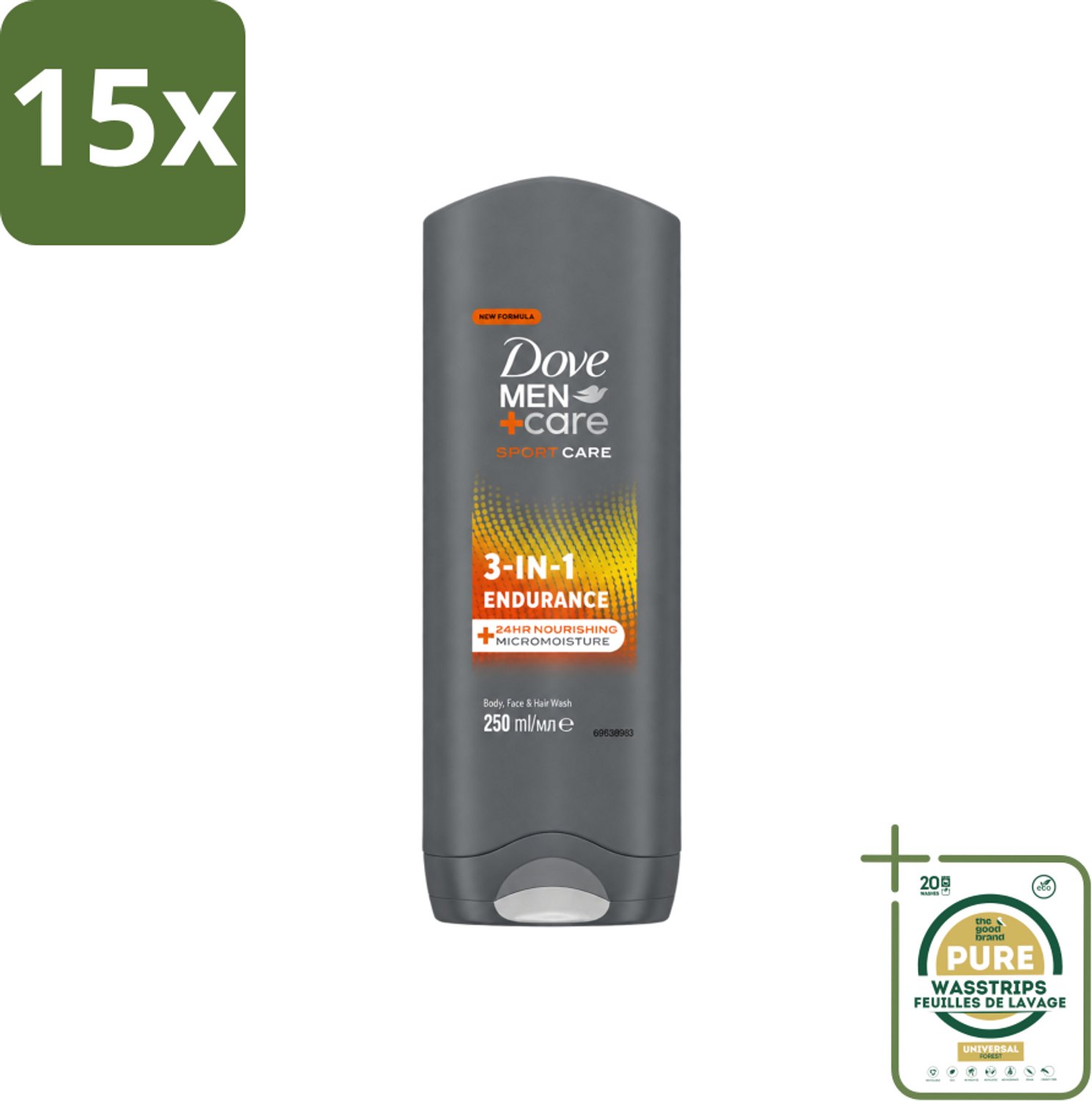 15 x Dove Men+Care 3-in-1 Douchegel - Sport - 250 ml - Wasstrips - Douchegel Sport - Sport Verzorging - Mannelijke Verzorging - Lichaam En Gezicht Reinigen - Hydraat Huid
