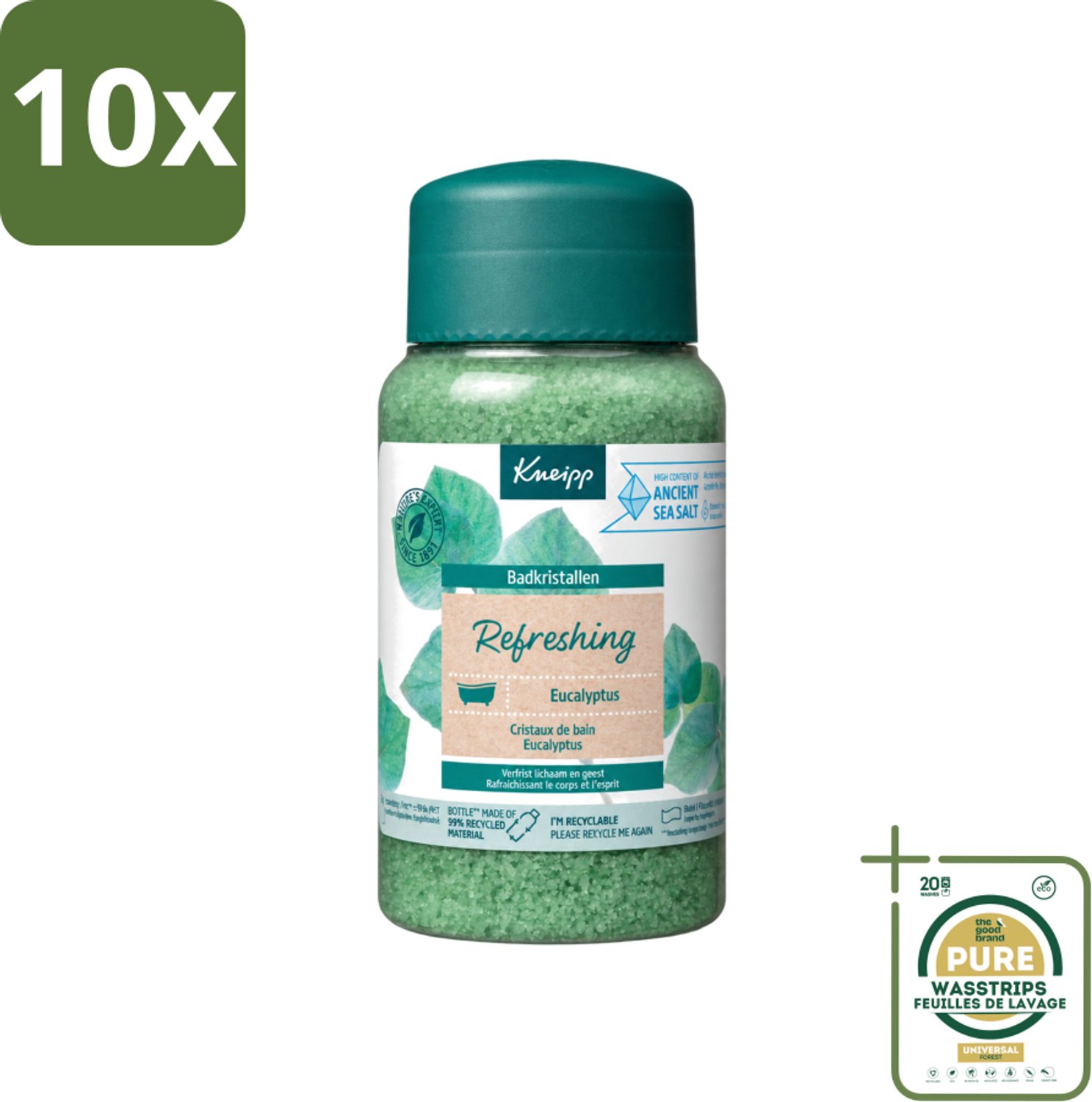 10 x Kneipp - Badzout - Badkristallen - Refreshing Eucalyptus - 600 g - Wasstrips - Badzout Mint Eucalyptus - Badkristallen - Eucalyptusolie - Thermaalzout - Verfrissend Bad