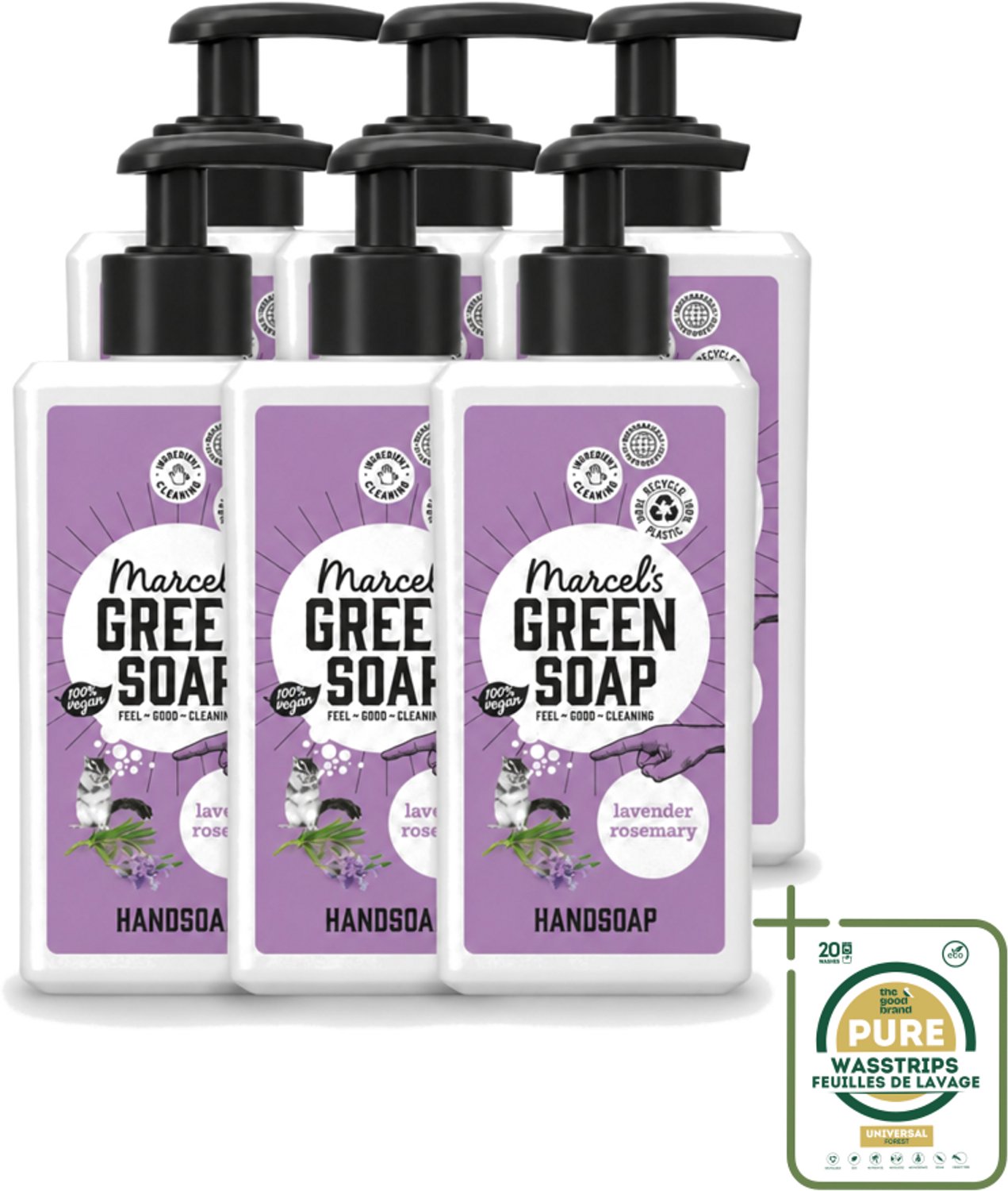 6 x Marcel's Green Soap - Handzeep - Lavendel & Rozemarijn - Zachte verzorging - 250 ml - Wasstrips - Handzeep - Handzeep Lavendel - Handzeep Rozemarijn - Natuurlijke Handzeep - Handen Verzorgen