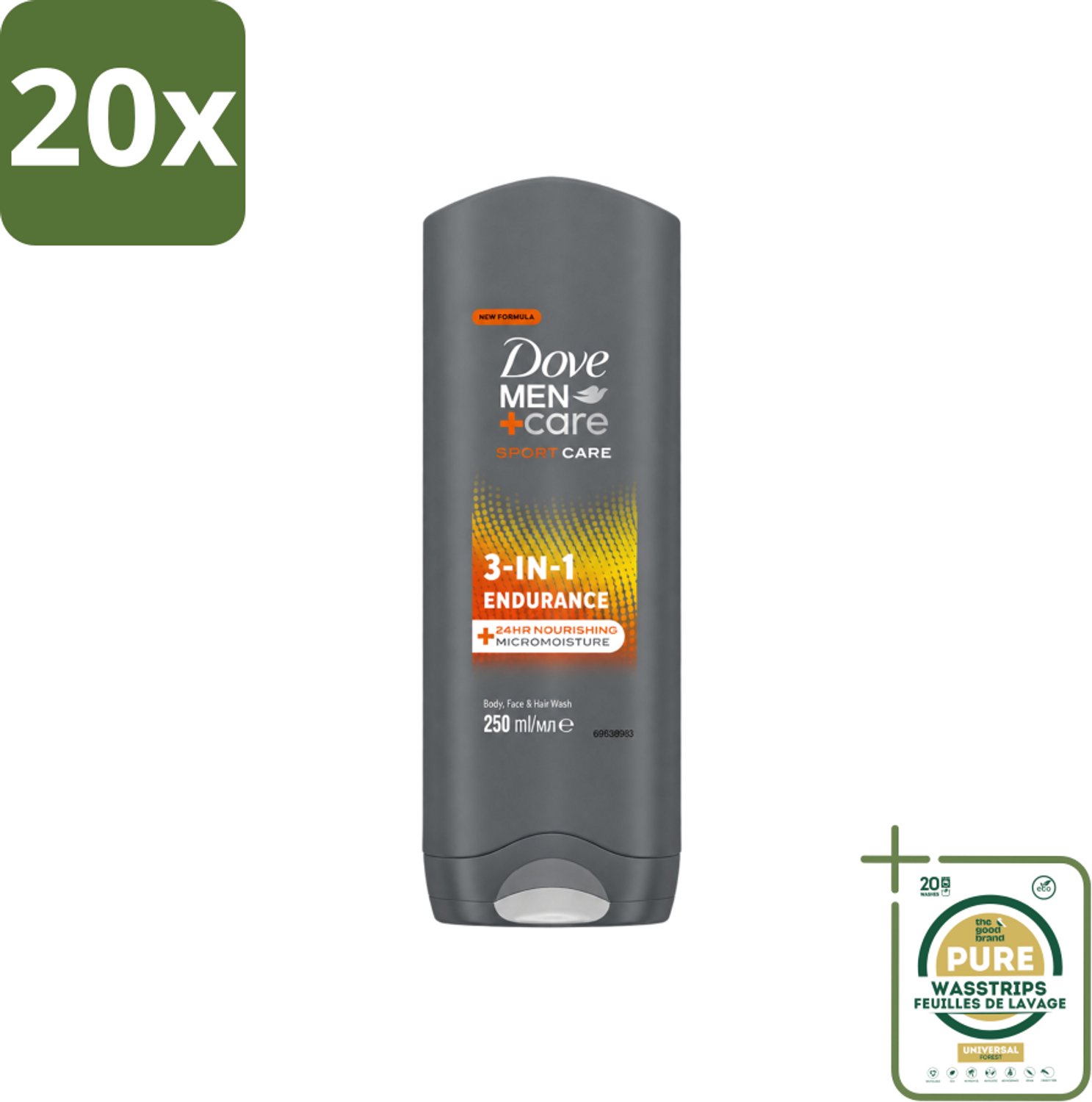 20 x Dove Men+Care 3-in-1 Douchegel - Sport - 250 ml - Wasstrips - Douchegel Sport - Sport Verzorging - Mannelijke Verzorging - Lichaam En Gezicht Reinigen - Hydraat Huid