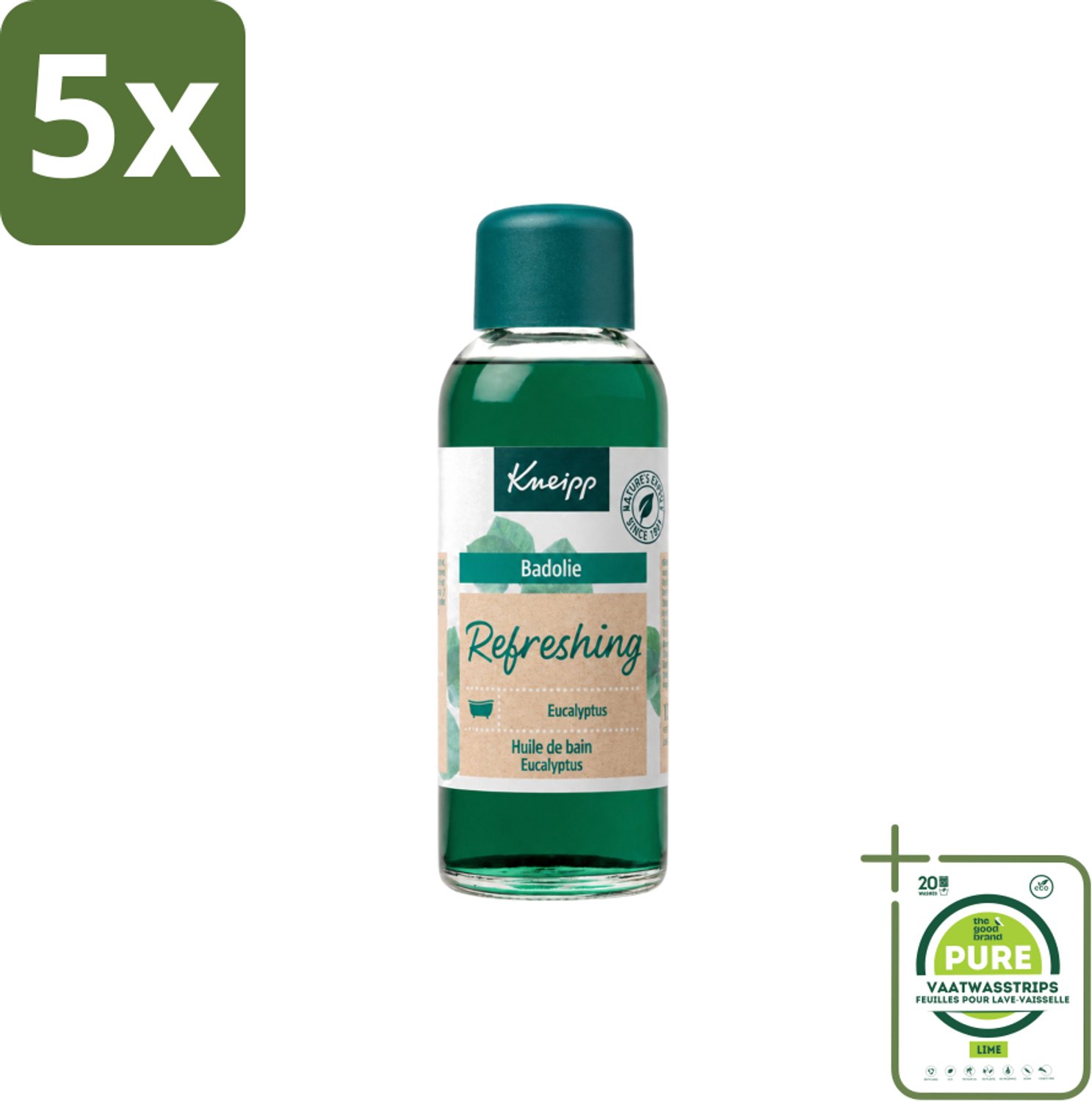 5 x Kneipp - Badolie - Refreshing Eucalyptus - 100 ml - Grootverpakking - Vaatwasstrips - Badolie Mint Eucalyptus - Badolie Eucalyptus - Aromatherapie Bad - Natuurlijke Badolie - Eucalyptusolie Bad