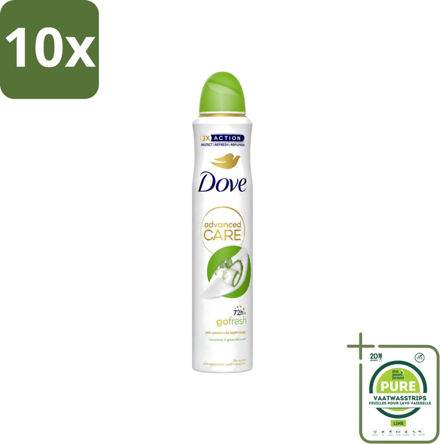 10 x Dove Deodorant Spray - Komkommer & Groene Thee - 200 ml - Grootverpakking - Vaatwasstrips - Dove Deodorant Spray - Anti-transpirant - Okselverzorging - Zweetvermindering - Geurvermindering