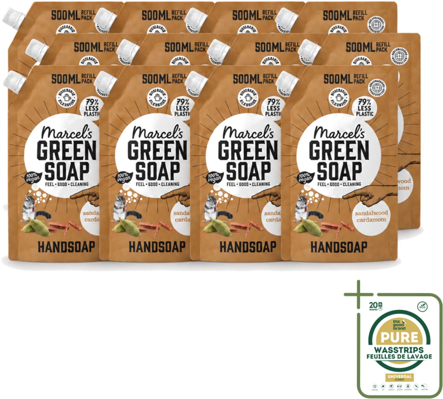 12 x Marcel’s Green Soap – Handzeep Navulling – Sandelhout & Kardemom – 500 ml - Wasstrips - Handzeep Navulling - Sandelhout En Kardemom - Natuurlijke Handzeep - Duurzame Handzeep - Geurige Handzeep