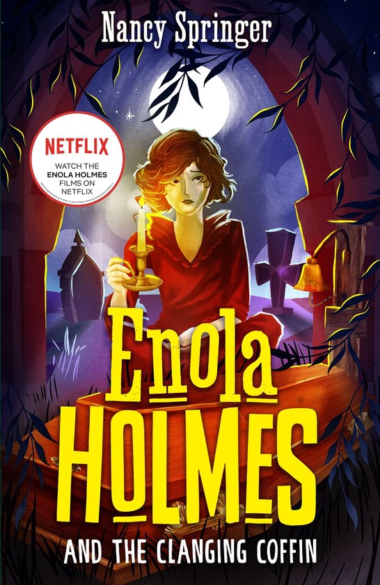 Enola Holmes in rode jurk met kaars bij een kist op een kerkhof bij maanlicht. Tekst: Enola Holmes and the Clanging Coffin.