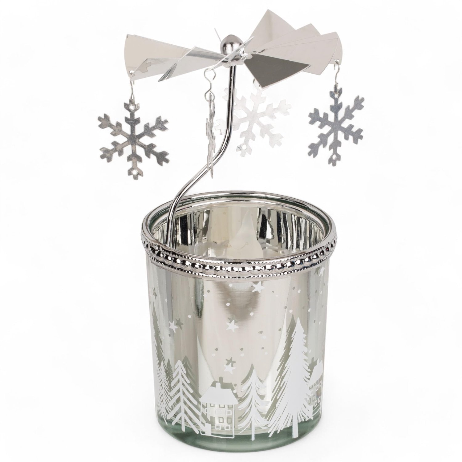 Theelichthouder Roterende Carrousel - Mini Piramide 12 cm - Metalen Kandelaar - Kerstdecoratie - Votief Glas - Sneeuwvlok Ornamenten - Kaarsenhouder
