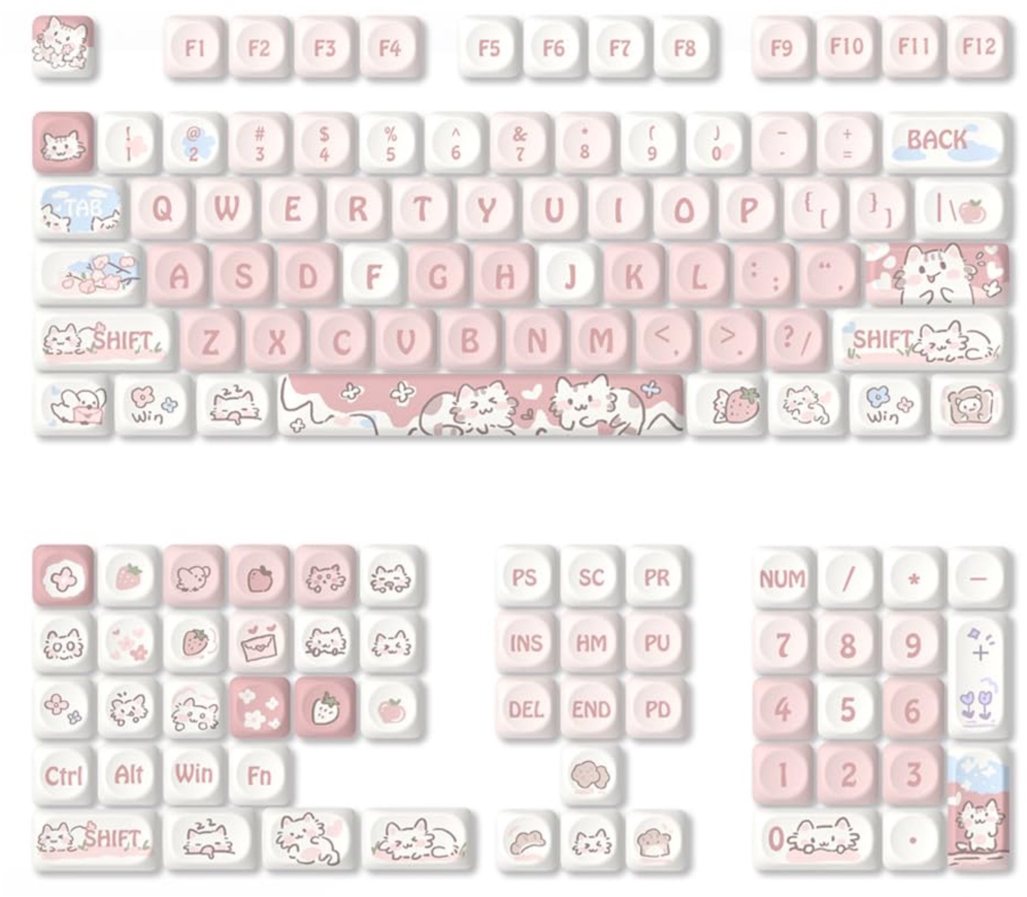 Keycaps PBT Toetsenset - 132 Toetsen - Gesublimeerd Aardbeienkatje Ontwerp - Slijtvast en Olie-bestendig - Verbeterde Type-ervaring