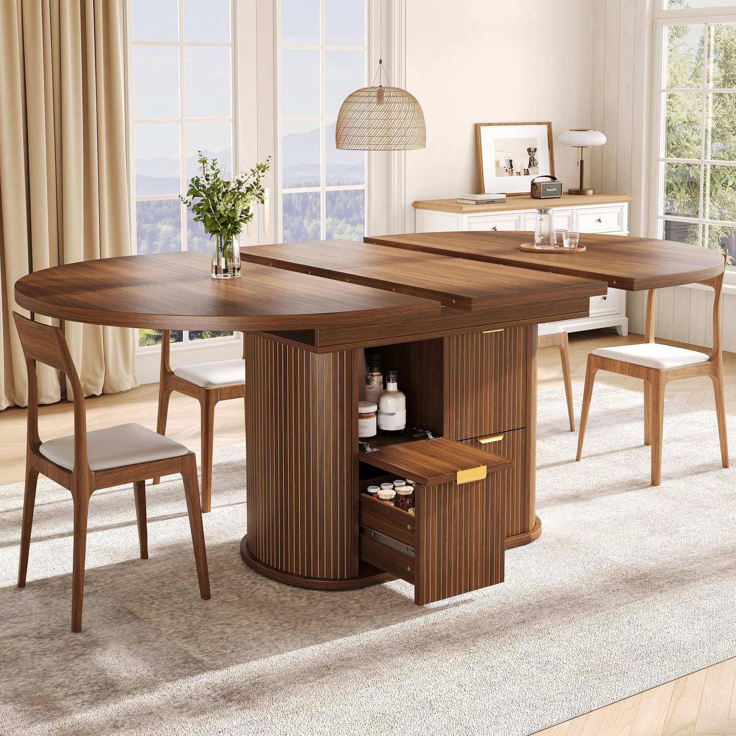 MODENUIT Eettafel - Uitschuifbaar met 2 Lades - Eetkamer - MDF en Metaal - Donkerbruin - 118/158x118x76,8 cm