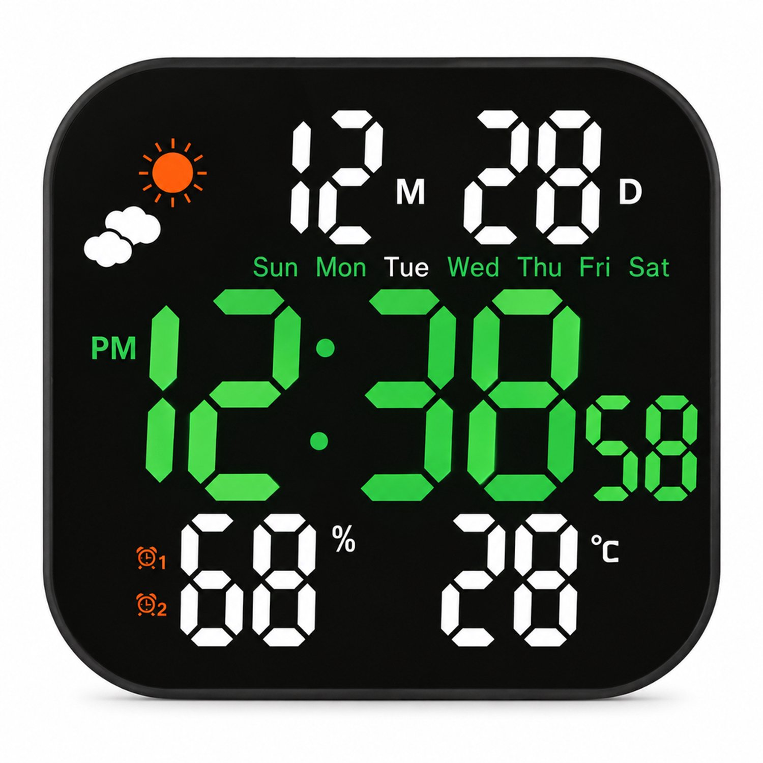 Digitale wekker met groen-wit LED-display - Vierkant, met datum, weekdag, temperatuur en luchtvochtigheid - Externe voeding
