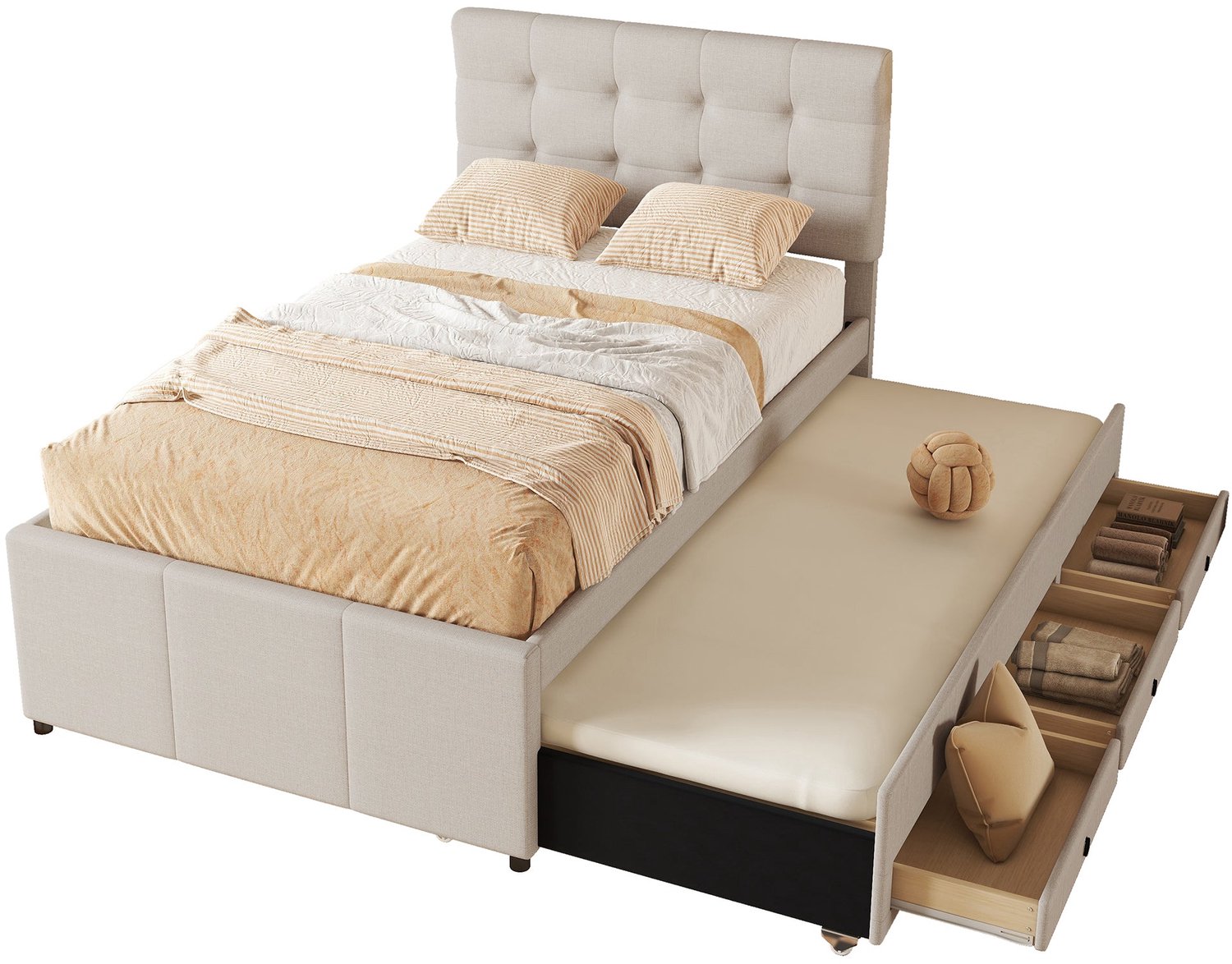 Merax Gestoffeerd Eenpersoonsbed 90x200 cm met Uitschuifbaar Logeerbed - 3 Opberglades en Verstelbaar Hoofdbord - Beige