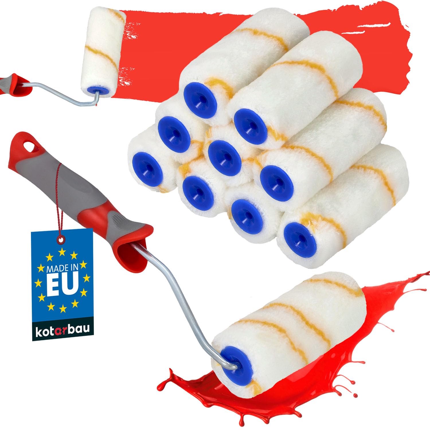 10 Gele Verfrollers 100 mm met Rubber Handvat