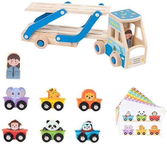 Houten autotransporter met 6 kleurrijke dierenauto's, een chauffeur en educatieve kaarten.