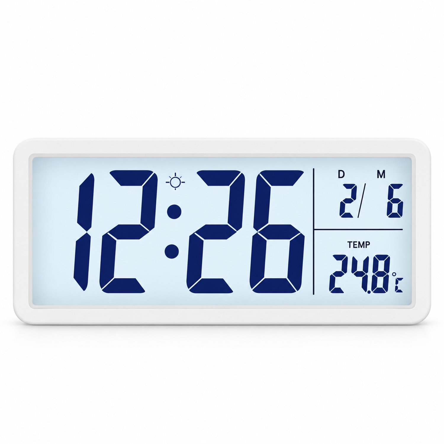 Digitale wandklok - groot LCD-scherm met tijd, datum en temperatuur - wit, rechthoekig, op batterijen