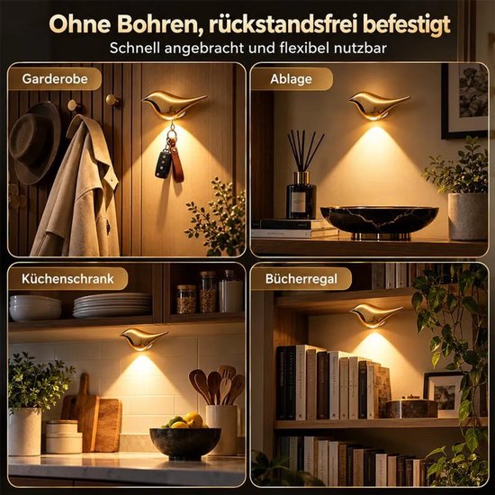 Nachtlampjes met bewegingssensor, set van 2, draadloze LED-wandlampen, vogelvormig ontwerp, magnetische bevestiging, USB-opladen, geschikt voor slaapkamers en gangen, goudkleurig. — afbeelding 2