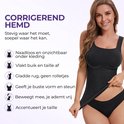 Zwarte corrigerende top met naadloos ontwerp dat buik en taille afslankt, rug glad strijkt en buste ondersteunt.