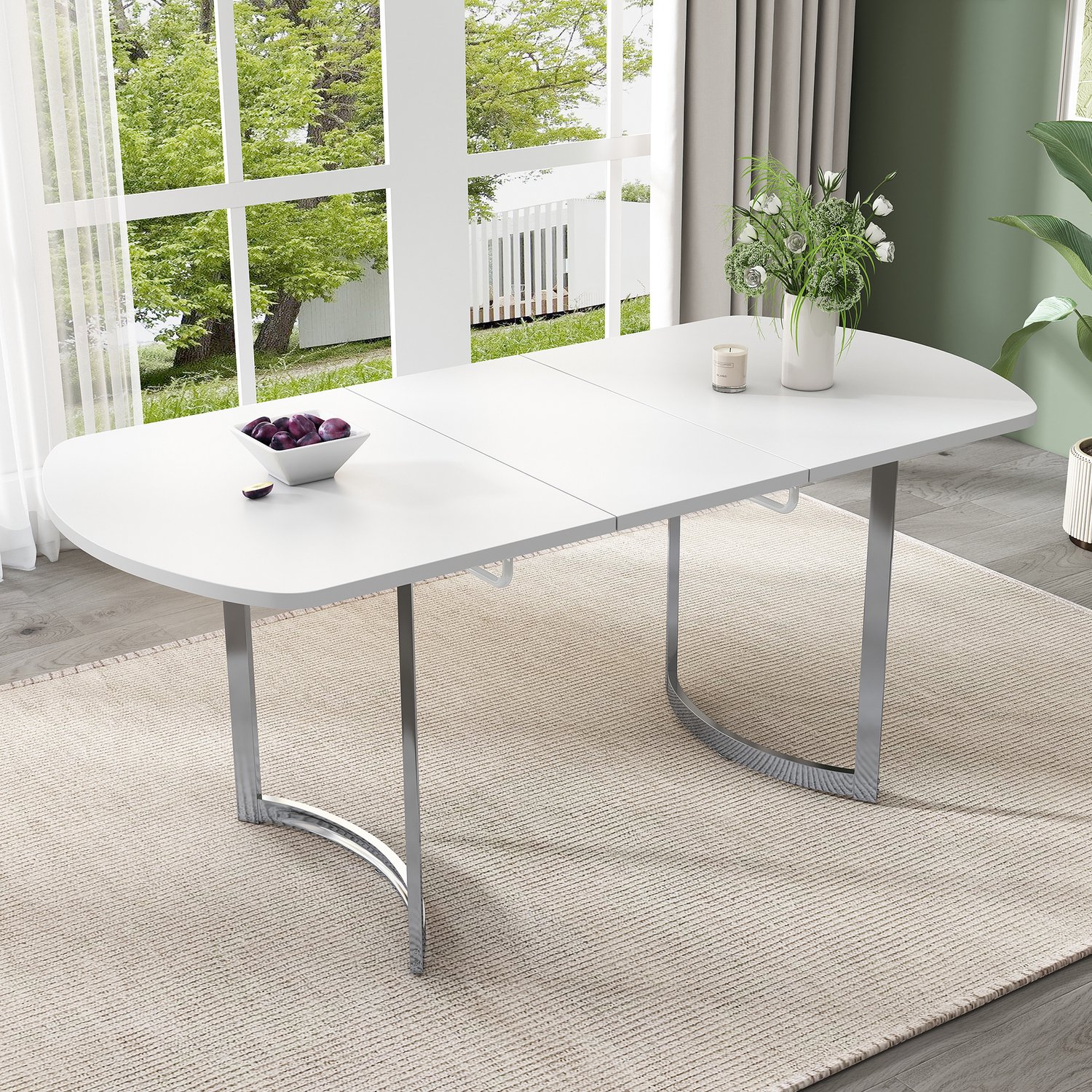 Clruro Eettafel - 140–180×80 cm - Uitschuifbaar - voor 4–6 Personen - MDF/Metaal - Wit/Zilver