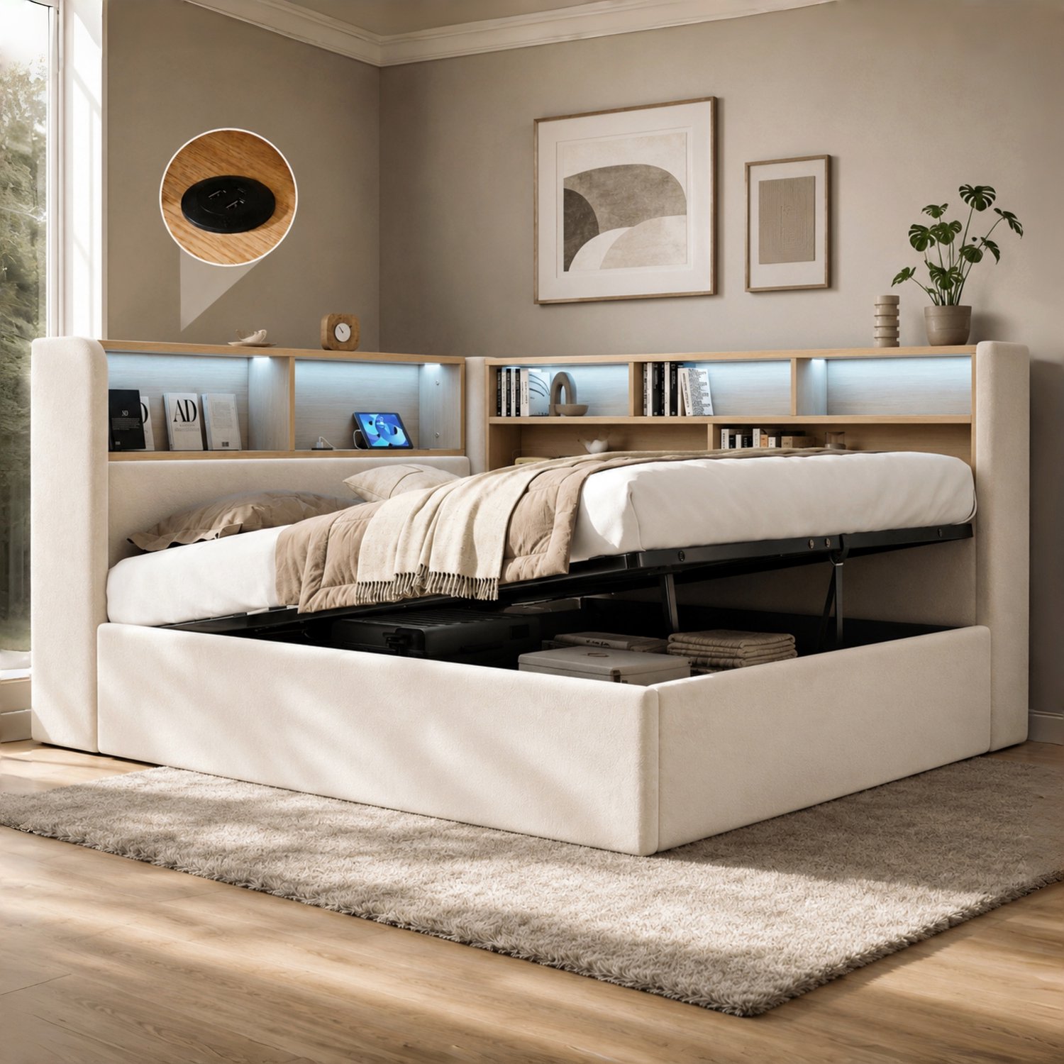 WUVRIE Bedbank 140x200 cm - Hydraulische opbergruimte, LED en USB-C - Beige