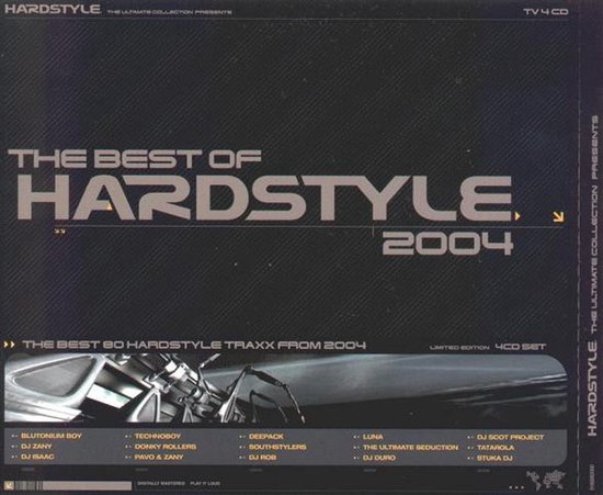 Zwarte cd-box The Best of Hardstyle 2004, 4-cd set met 80 tracks, inclusief artiestennamen.