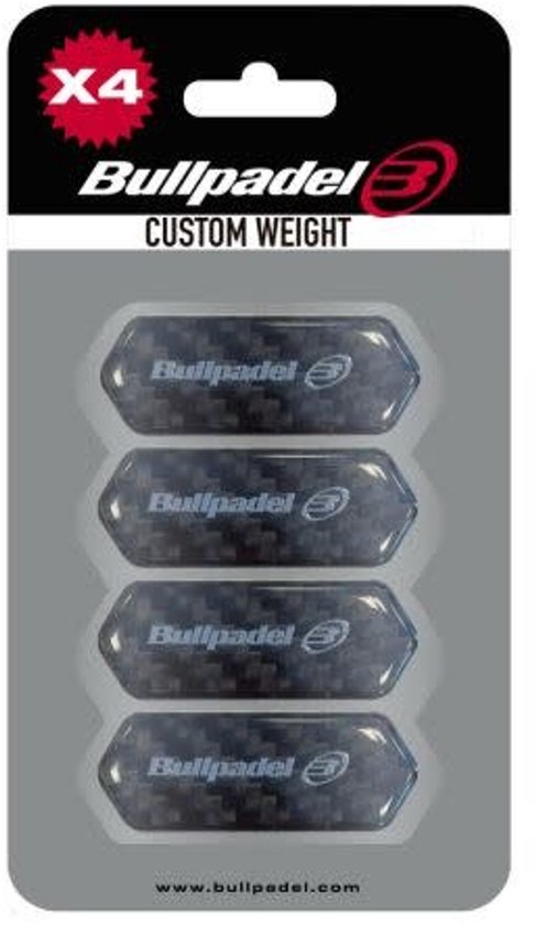 Blisterverpakking met 4 Bullpadel Custom Weight-gewichten in een koolstofvezelpatroon.