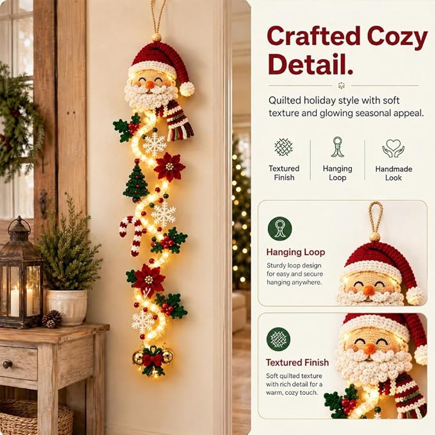 Verlichte kerstdeurhangers - verlichte Kerstman kerstdeurhanger - Feestelijk lichtontwerp - Warme LED-verlichting – 3D-kerstdecoraties - Kerstdecoratie voor Deur, Muur & Raam - Kerstman - 120cm – foto 4