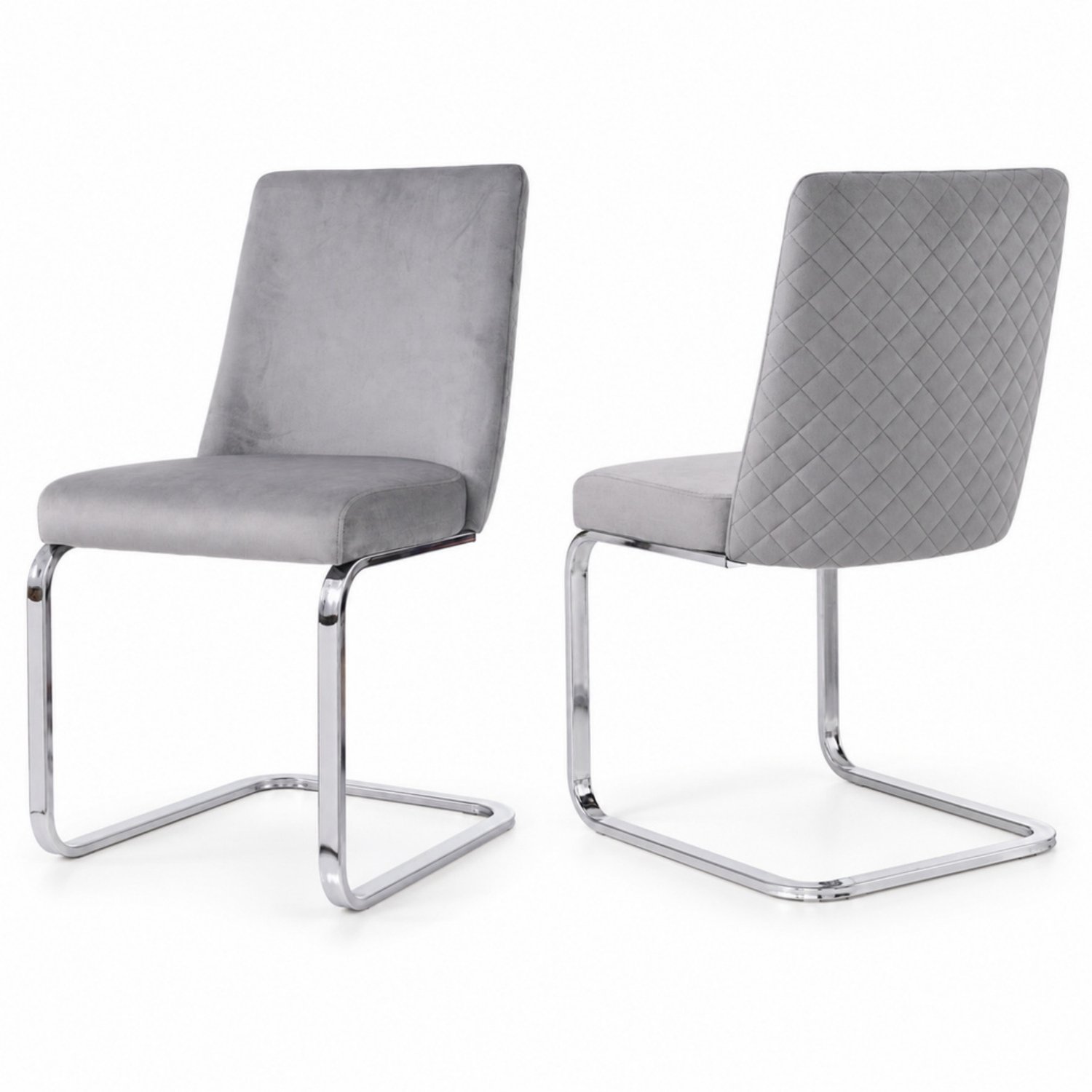 LONG DRAGON - Velvet eetkamerstoelen - Set van 2 - Ruitpatroon op rugleuning - Zilverkleurige metalen poten - Voor woonkamer en slaapkamer - Grijs + Zilver