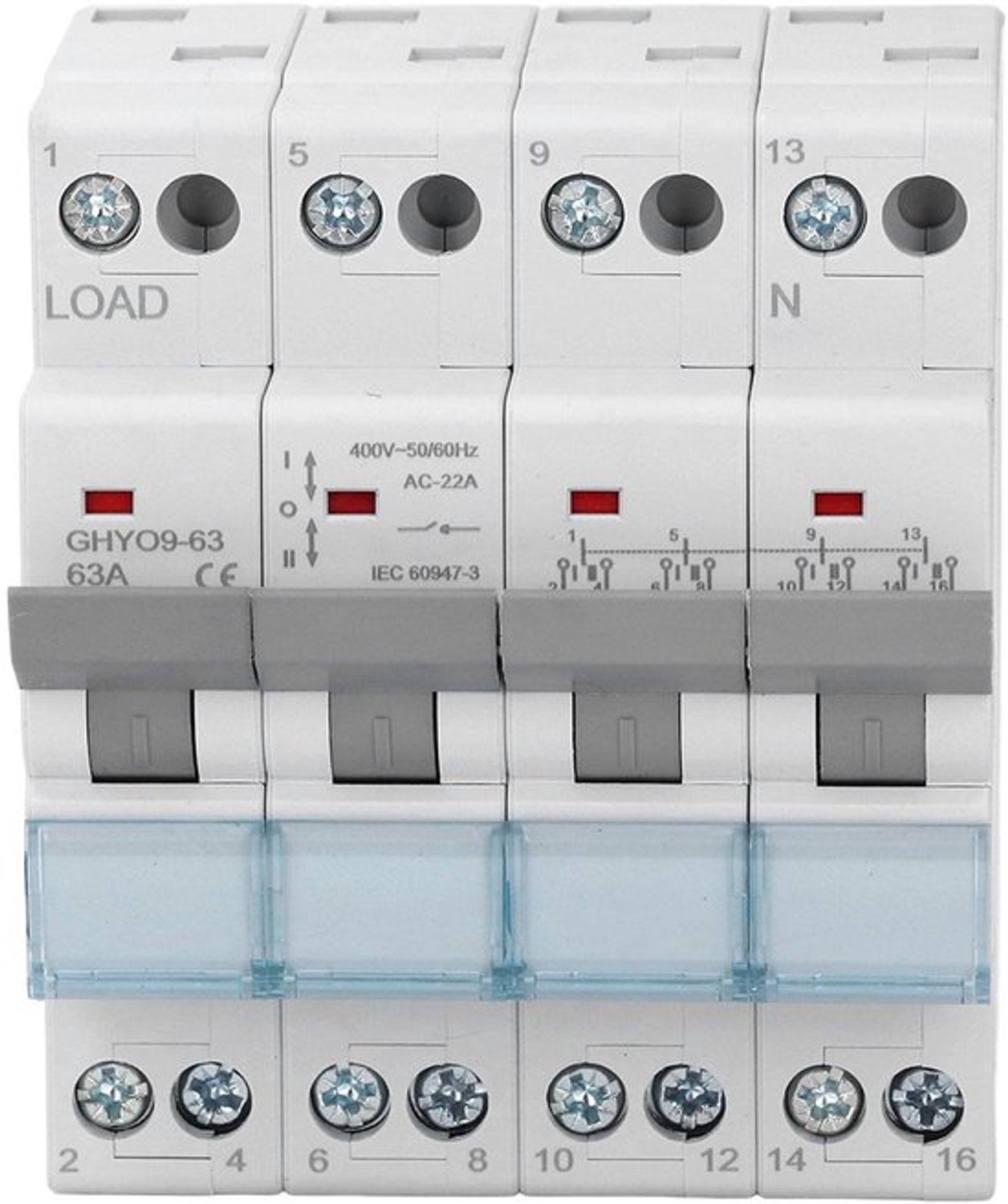 Handmatige Omschakelaar met Dubbele Voeding, 4P 63A DIN-rail Back-up Stroomomschakelaar, met overbelastings- en Kortsluitbeveiliging, voor Campers, Huizen en Generatoren