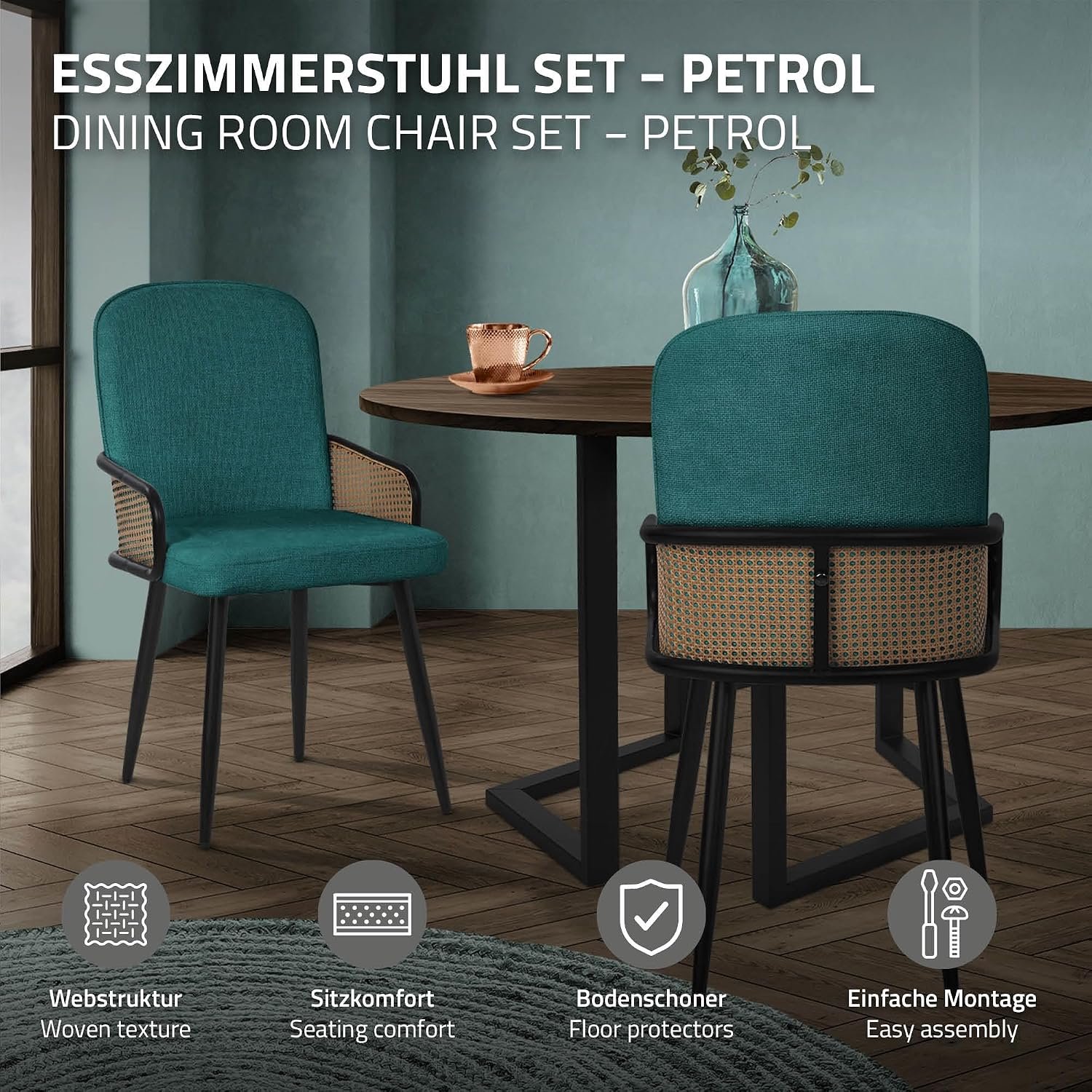 Comforta Rotan Eetkamerstoelen Set van 4 – Petrol Donkerblauwe S Rugleuning, Comfortabele Gestoffeerde Zitting, Rotan Armleuningen en Zwarte Metalen Poten – Moderne Keukenstoelen voor Eetkamer en Woonkamer, 61 × 51 × 91 cm
