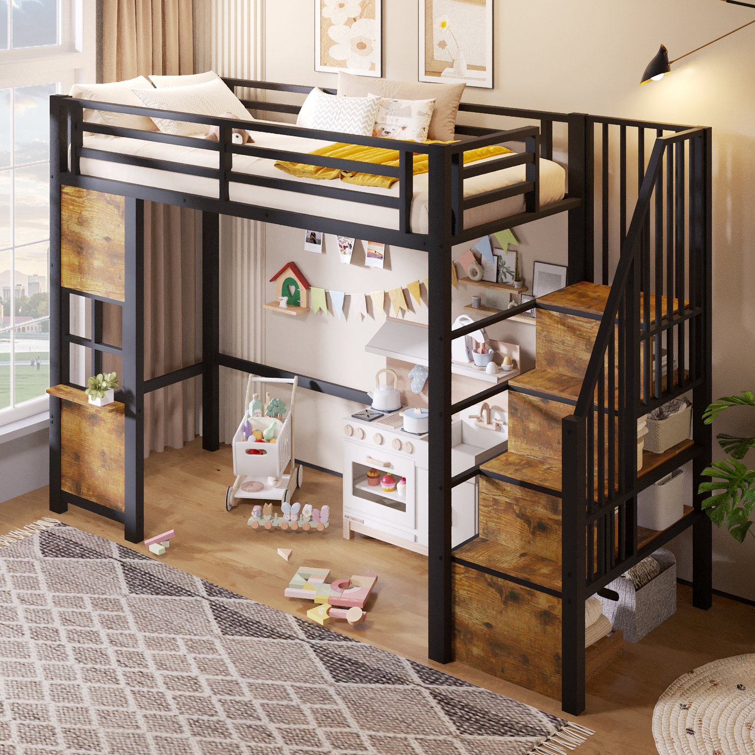 WUVRIE Hoogslaper 90x200 cm - Met opbergladder en open ruimte onder bed - Zwart