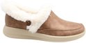 Bruine Skechers Slip-ins slof met witte imitatiebont voering, 'Skechers Slip-ins' logo en beige zool.