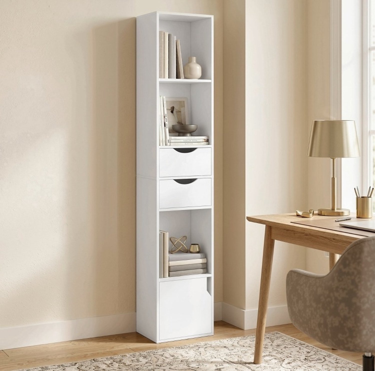 FloraGrace Boekenkast Ruimtebesparend – 30 x 24 x 158 cm – Wit – 2 Laden en 3 Open Vakken – Verstelbare Plank – Met Kantelbeveiliging