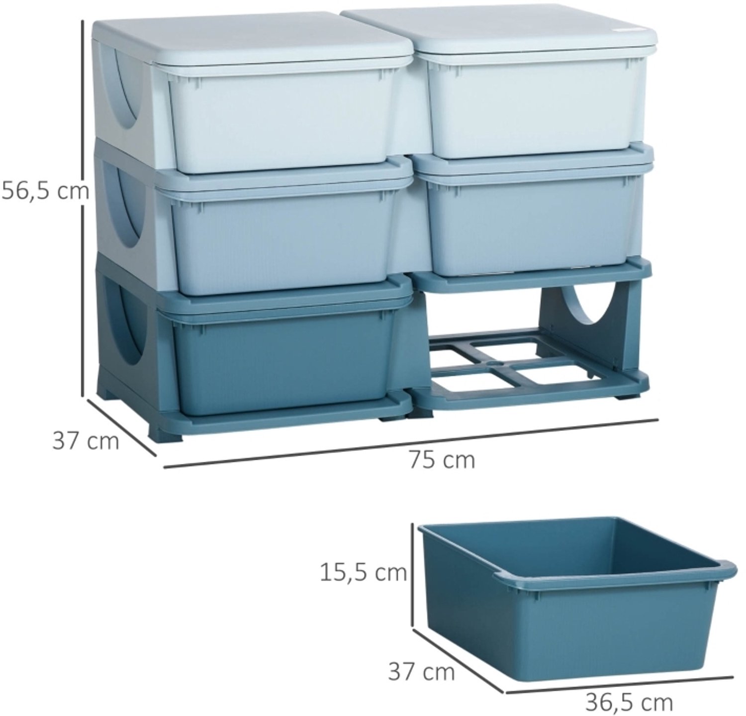 FloraGrace Ladekast Uitneembare Lades FloraGrace – 75 x 37 x 56,5 cm – Kunststof – Blauw – Zes Lades Voor Speelgoed en Kleding – Afgeronde Hoeken
