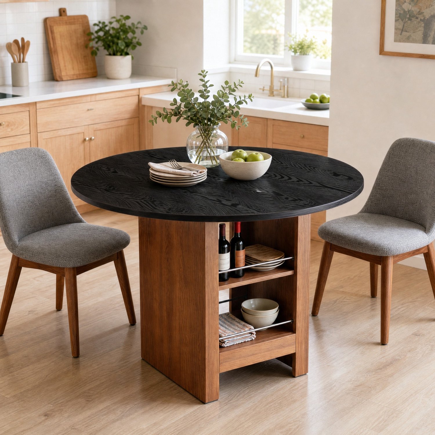 CHICFURN Ronde eettafel 100 cm - Met open opbergvakken - MDF - Zwart en walnootkleurig