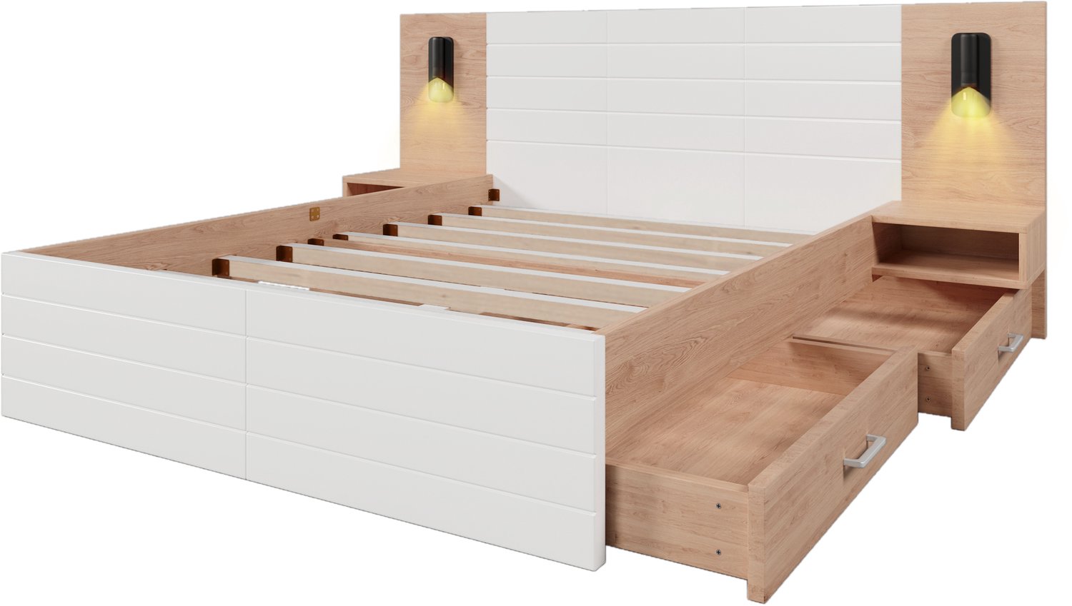 MUVANO Tweepersoonsbed 160x200 met opberglades - Bedframe met lattenbodem - Leeslamp en USB - Massief hout en MDF - Slaapkamer wit en lichte eikenkleur
