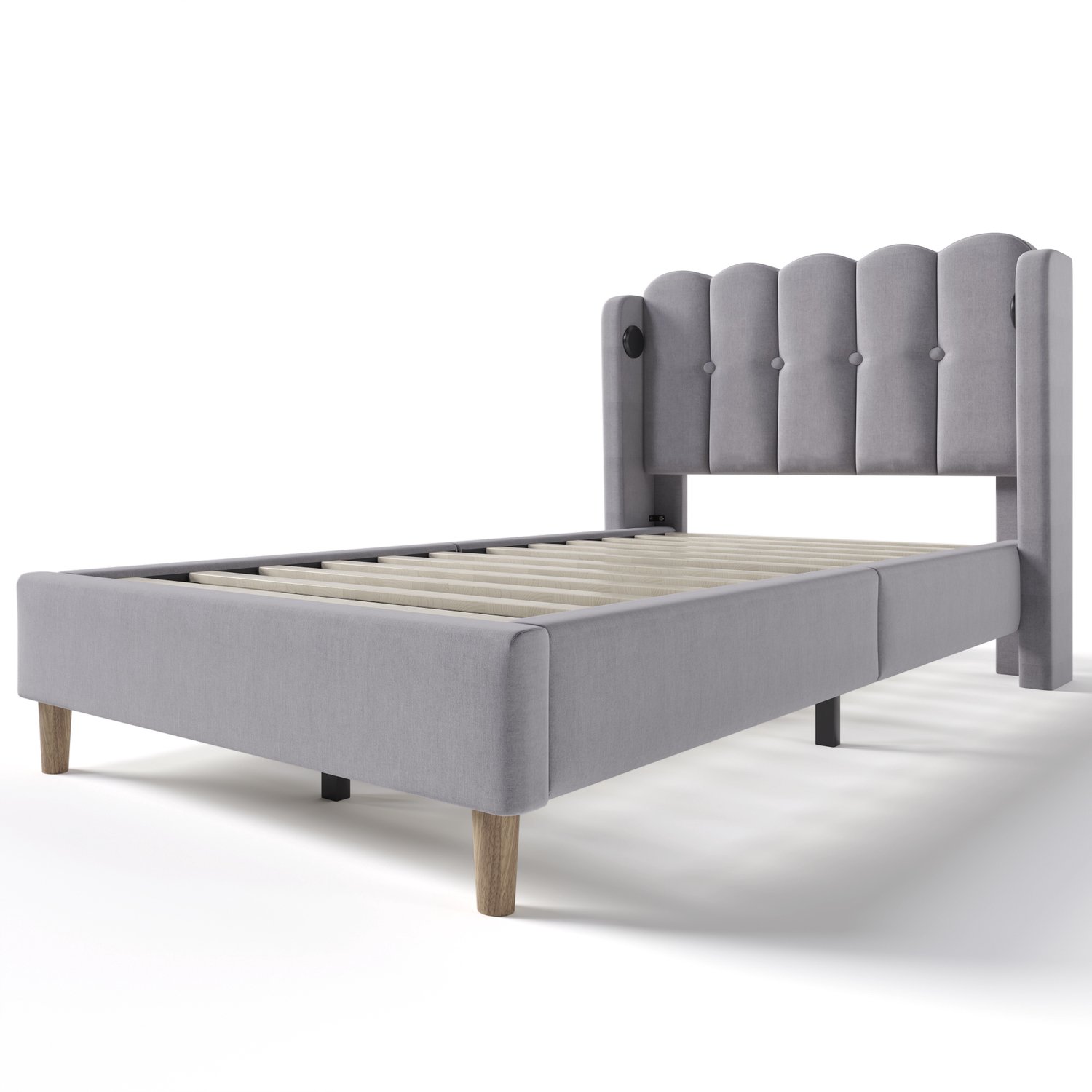 MUVANO Gestoffeerd eenpersoonsbed 90x200 - grijs bedframe met lattenbodem - USB- en USB-C-oplaadpoorten - linnen bekleding voor slaapkamer