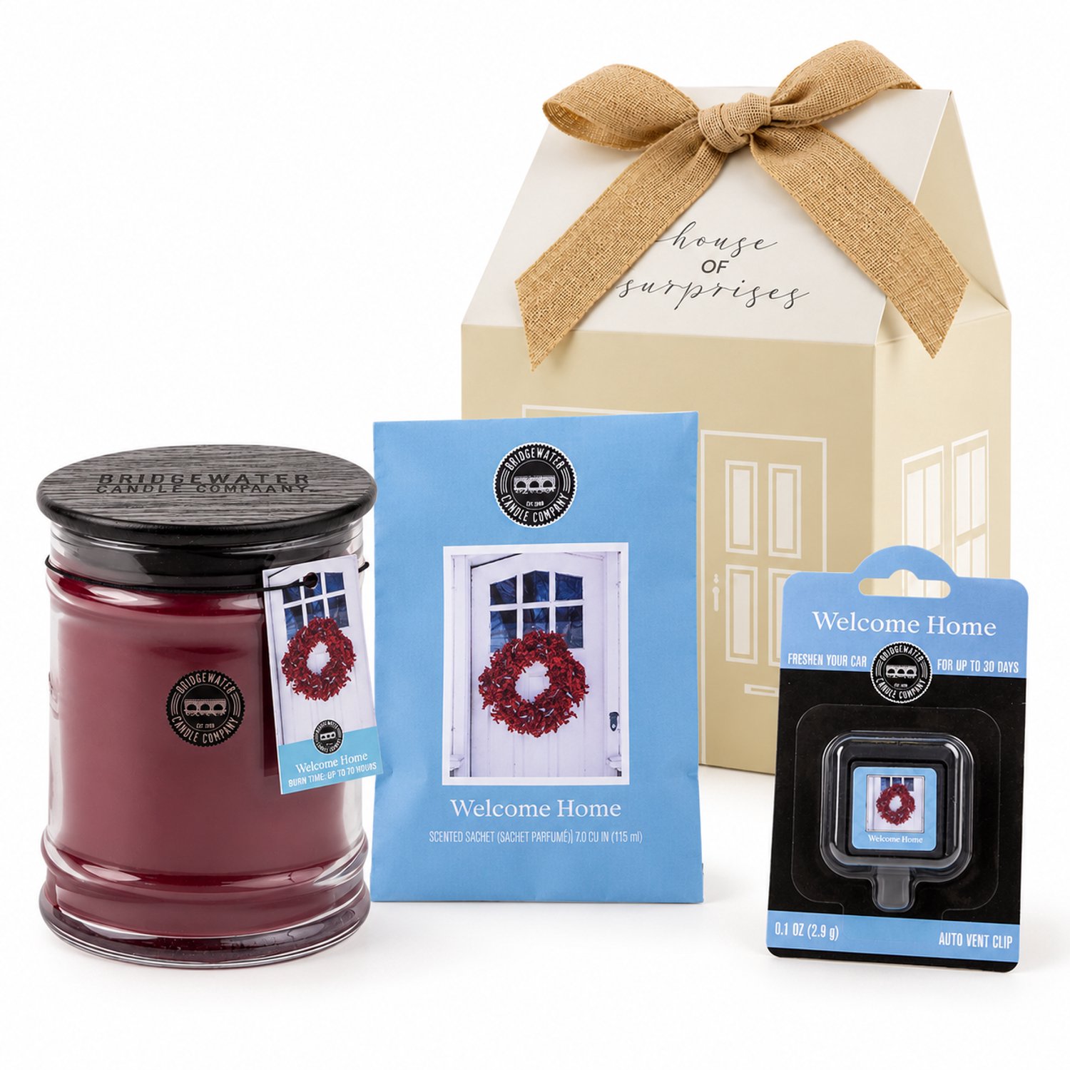 Bridgewater - Welcome Home - Geurkaars - Geurzakje - Autoparfum - Luxe Geschenkverpakking - 3-delige Geurset - Cadeauset