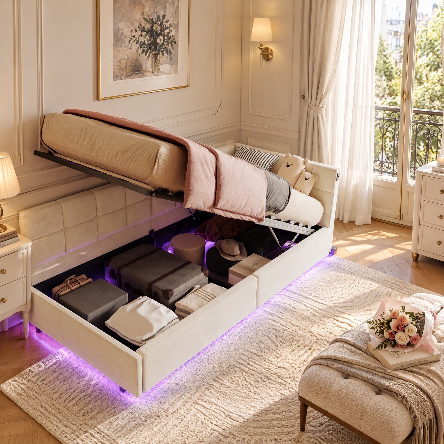 MEXUS Gestoffeerd bed, 90 x 200 cm, met hydraulische opbergruimte, ledverlichting en USB-oplaadpoort, eenpersoonsbed, multifunctioneel, kinderbed, tienerbed, lattenbodem, Fluweel, Beige