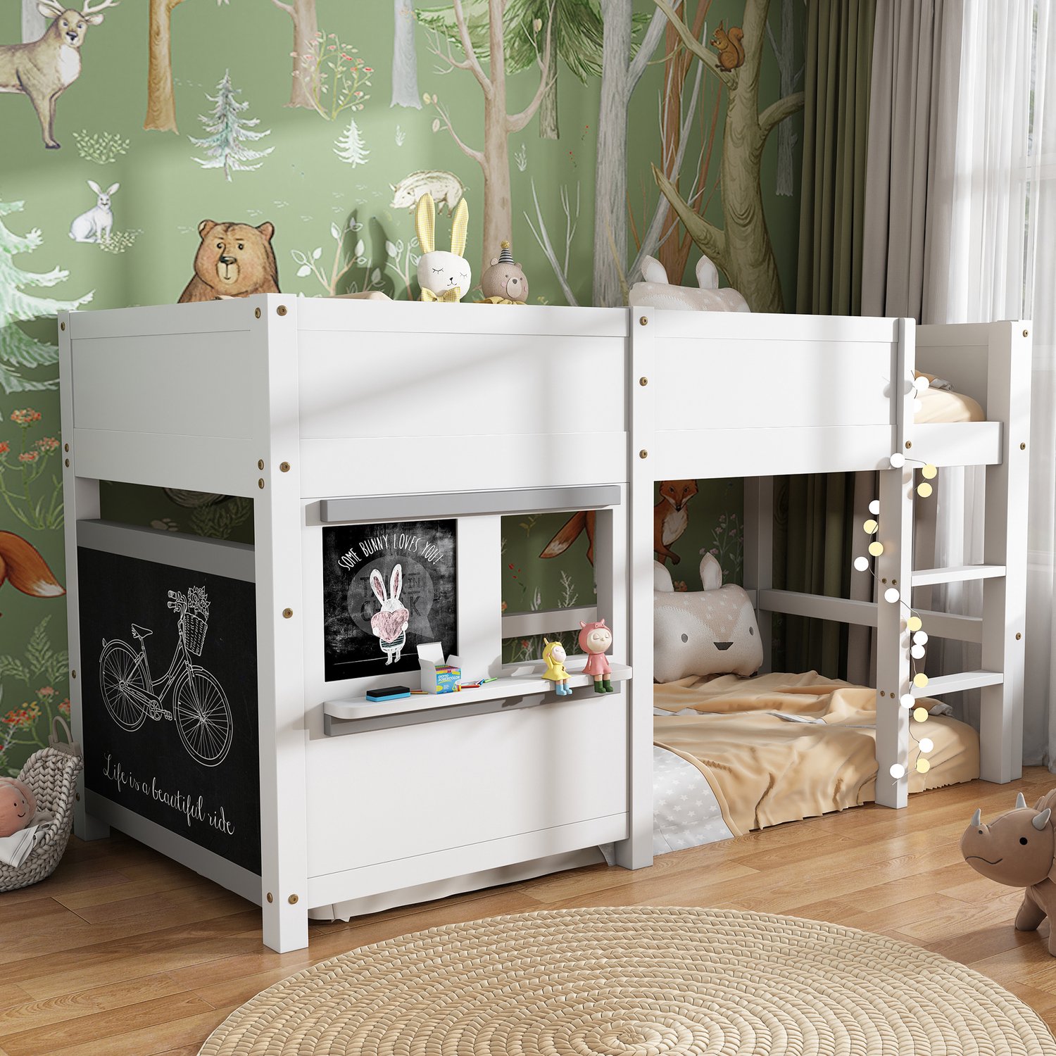 WUVRIE Stapelbed 90x200 cm - Met krijtborden, ladder en uitvalbeveiliging - Wit