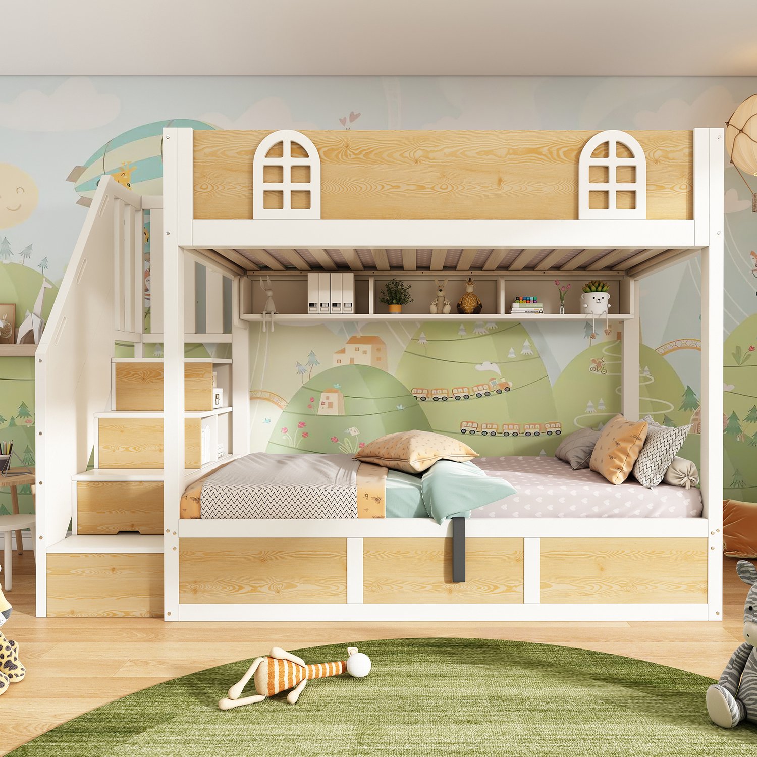 WUVRIE Kinderstapelbed 90x200 cm - Met trapkast, opbergruimte en veiligheidshek - Wit/naturel Wit en naturel
