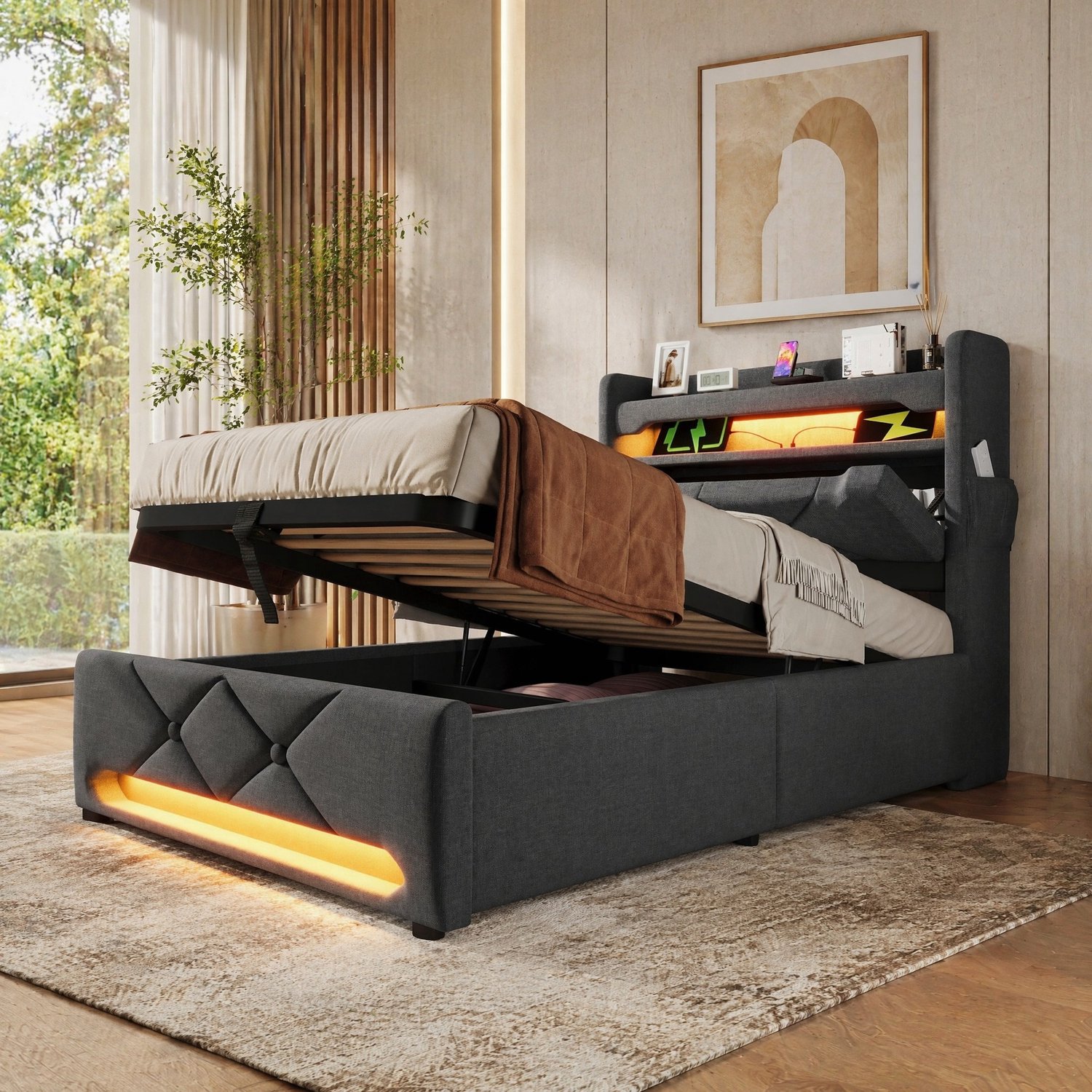 WUVRIE Gestoffeerd eenpersoonsbed 90x200 cm - Met matras, hydraulische opbergruimte, LED en USB - Grijs