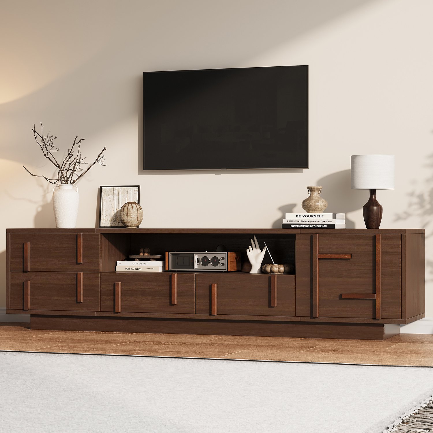MODENUIT TV-Meubel - 4 Lades, Kastvak En Kabeldoorvoer - Woonkamer - MDF - 180x40x45 Cm - Walnootkleur
