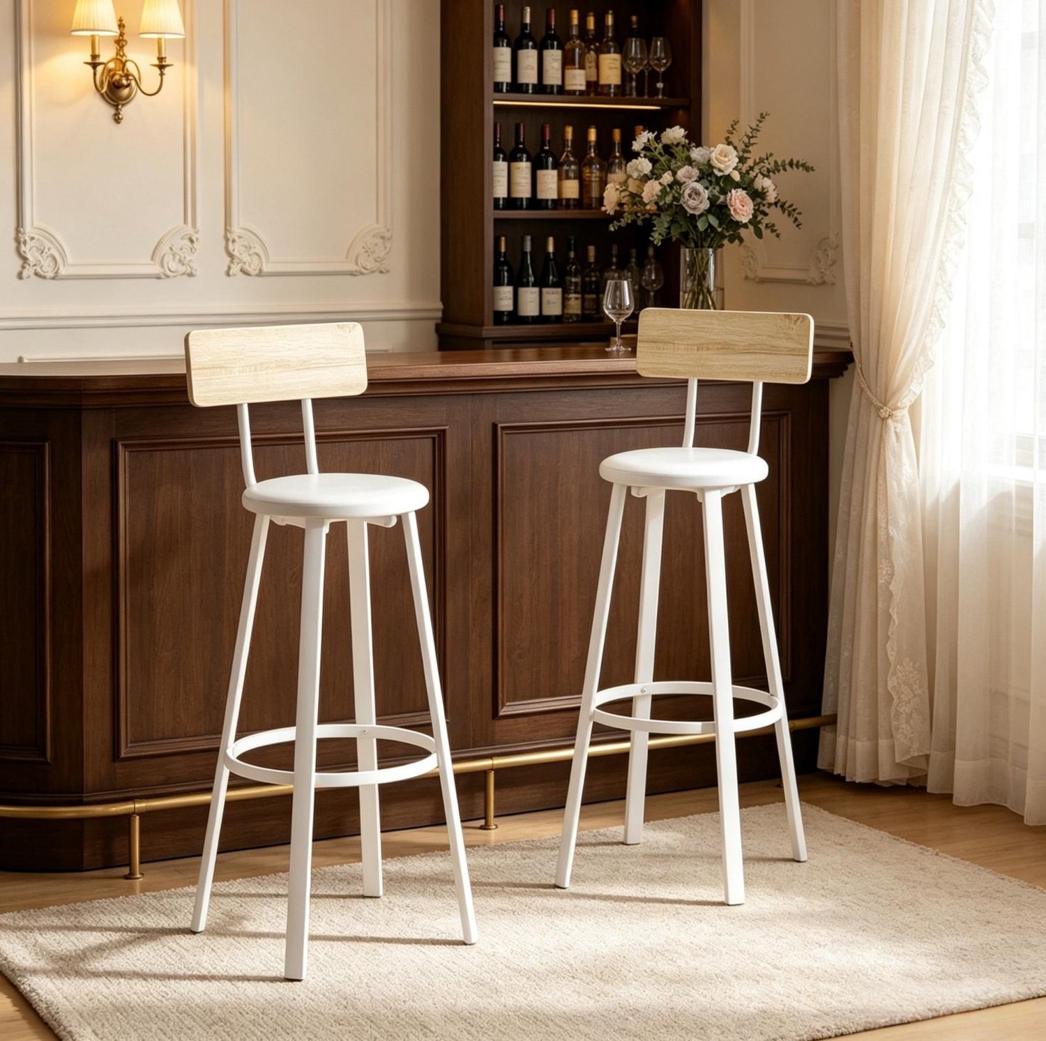 CHICFURN Barkruk set van 2 - Zithoogte 75,5 cm - Met rugleuning en voetensteun - Wit en eikenlook