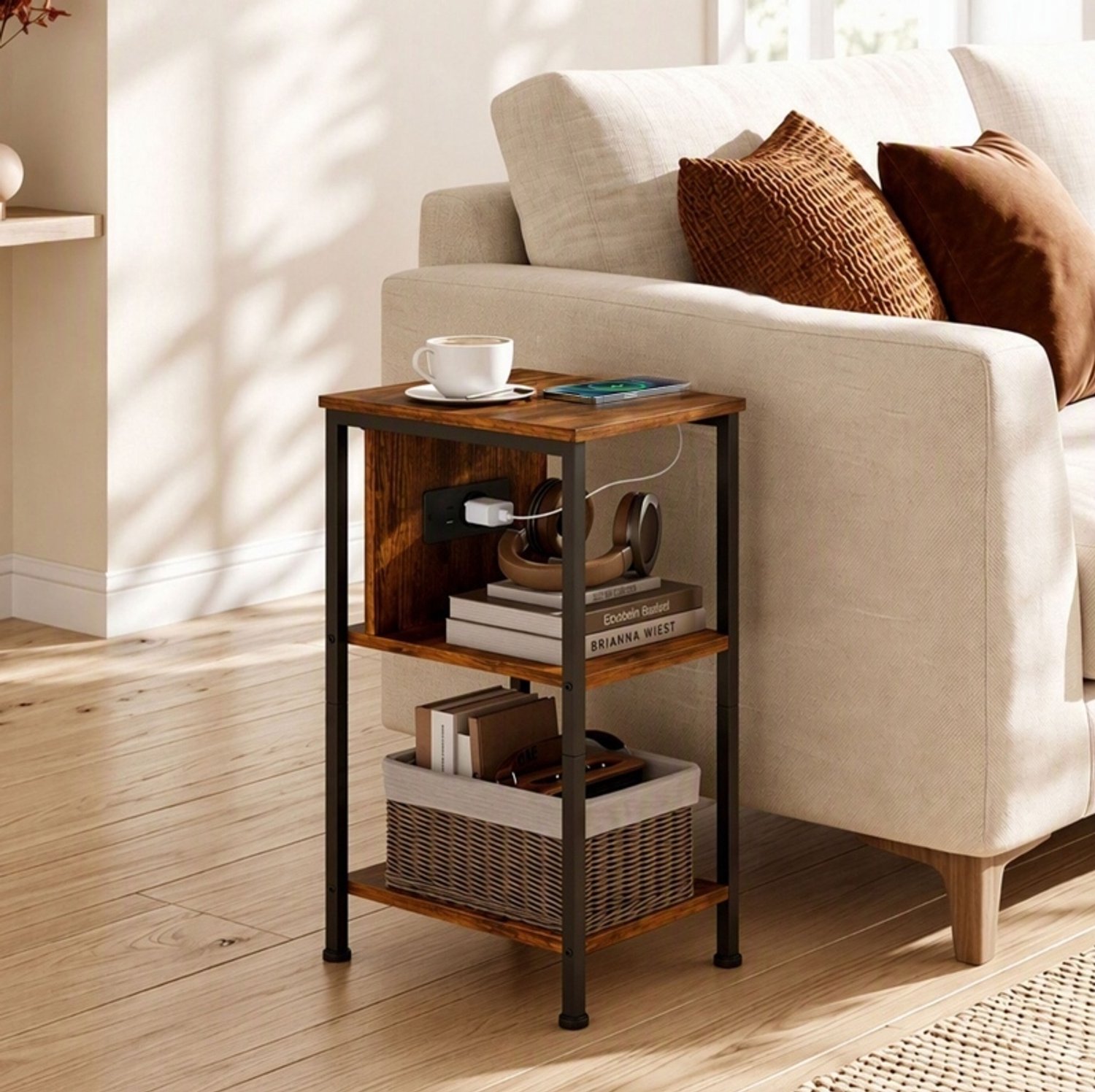 CHICFURN Bijzettafel 34 cm - Met laadstation - 2 open planken - Bruin Rustiek bruin