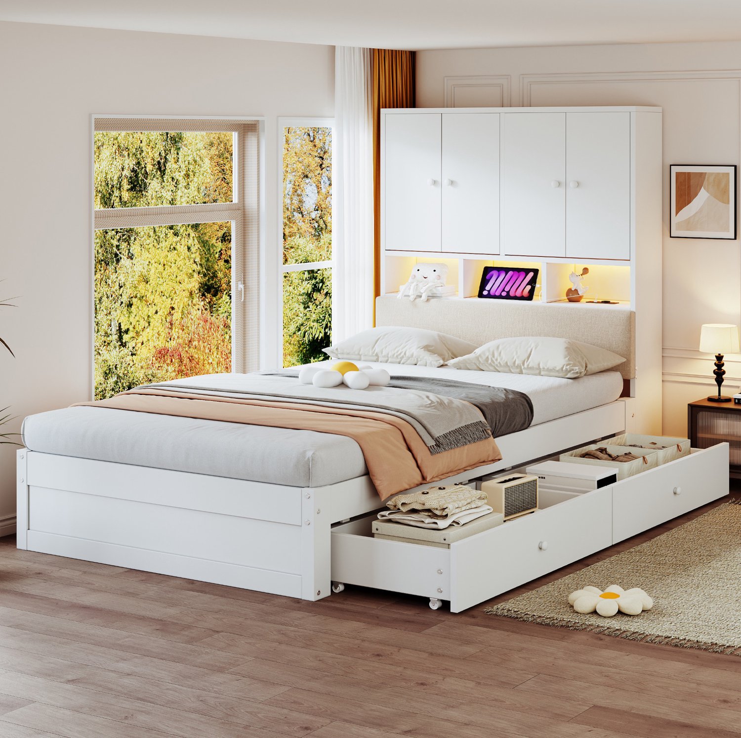 Wishdor Eenpersoonsbed 90x200 cm - Met opbergruimte en twee bedlades - Gestoffeerd hoofdbord met vakken, LED-verlichting en stopcontact - Lattenbodem - Hout en MDF - Wit
