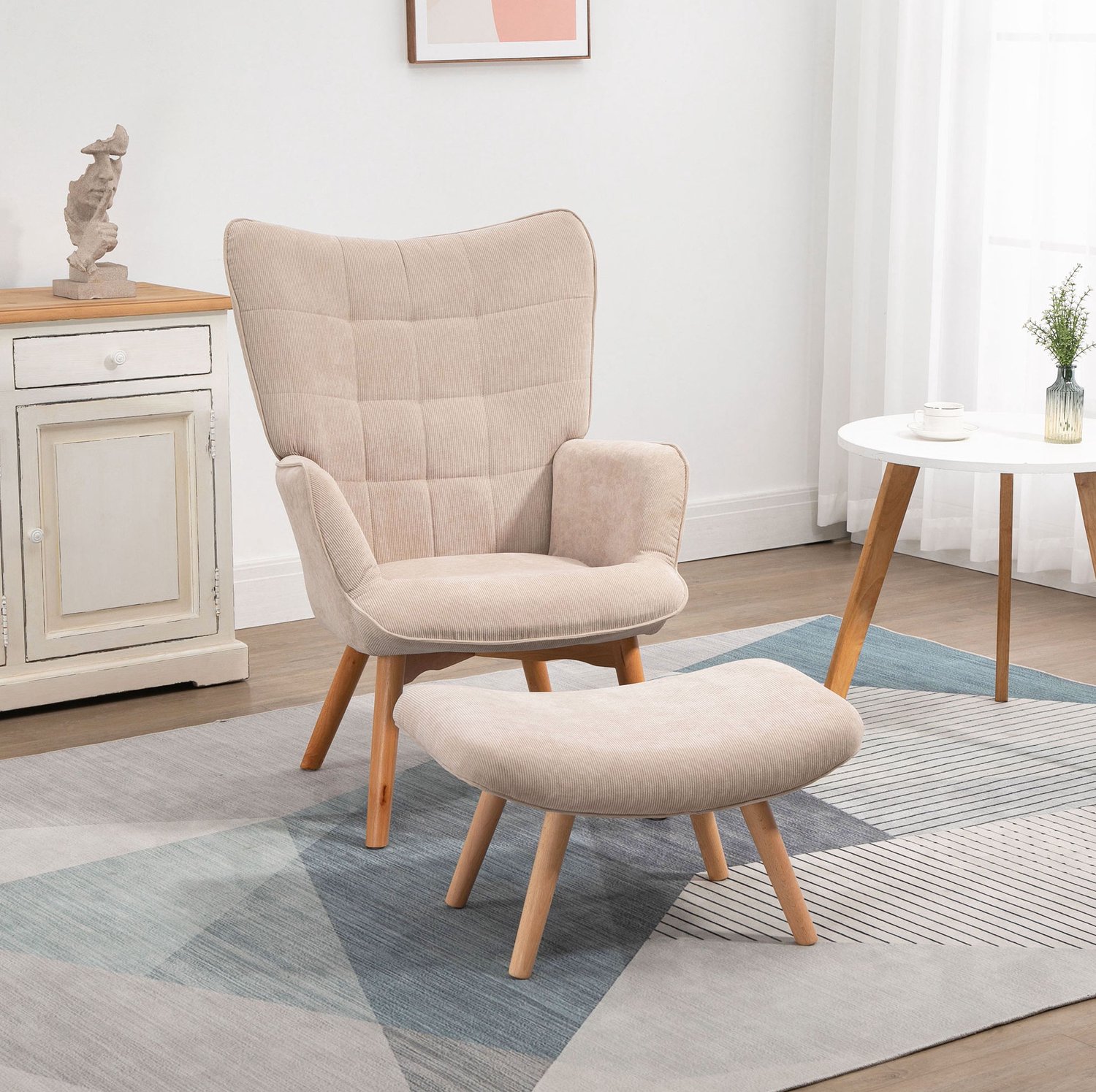 CHICFURN Fauteuil - Met hocker - Gestoffeerd - Beige